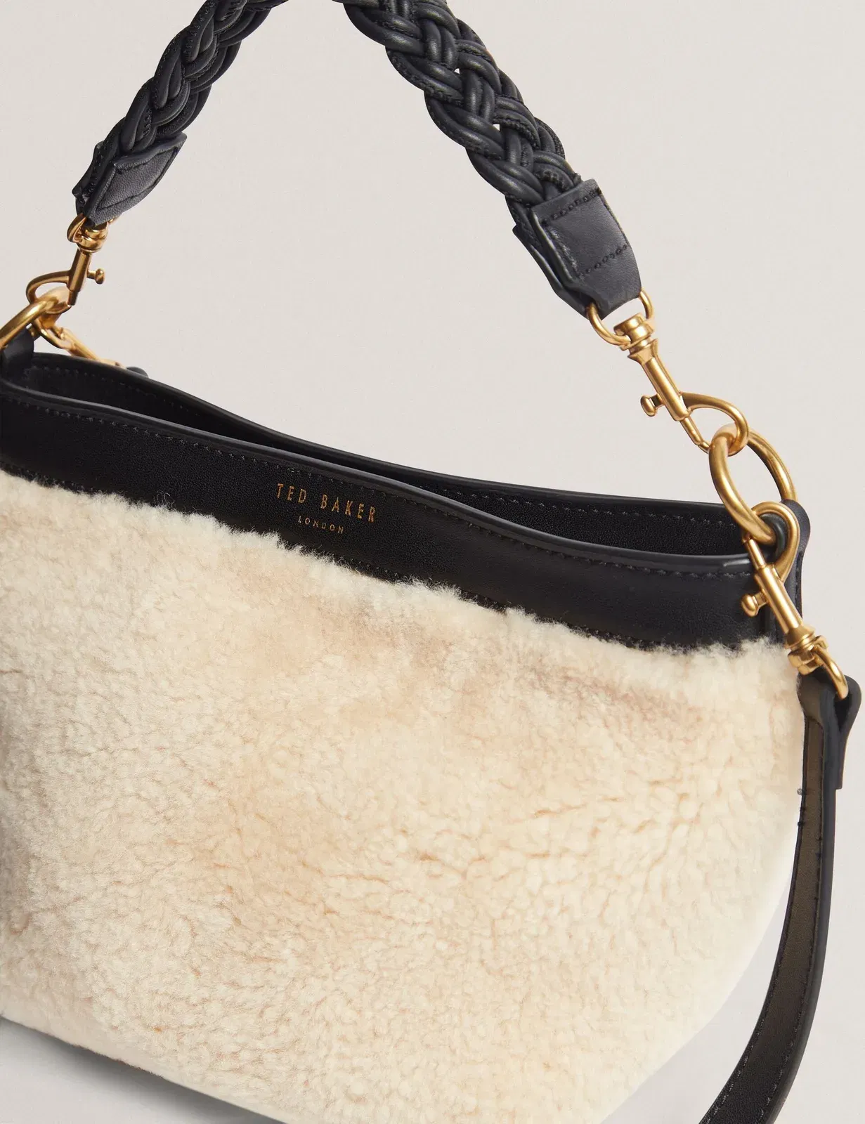 Ted Baker Sherbaa Shearling Plaited Handle Small Bucket Bag Black Women's