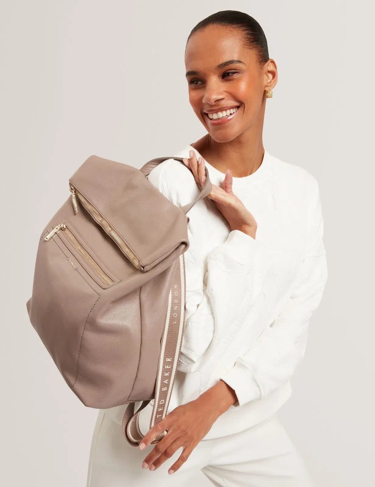 Ted Baker Luccea Branding Webbing Large Leather Backpack Taupe Women's