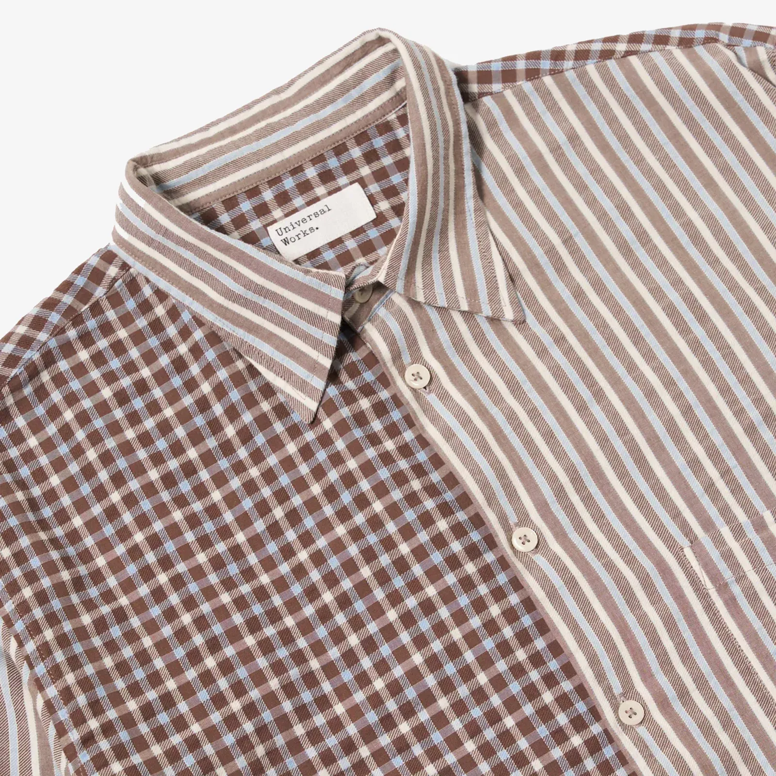 UNIVERSAL WORKS MADISON CHECK/STRIPE STATION SHIRT { BROWN/BEIGE
