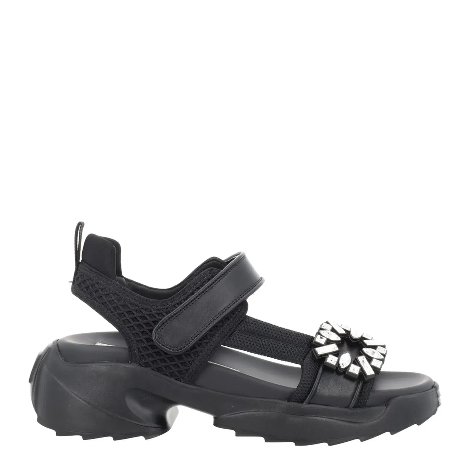 On The Run Black Leather And Textile Sandals