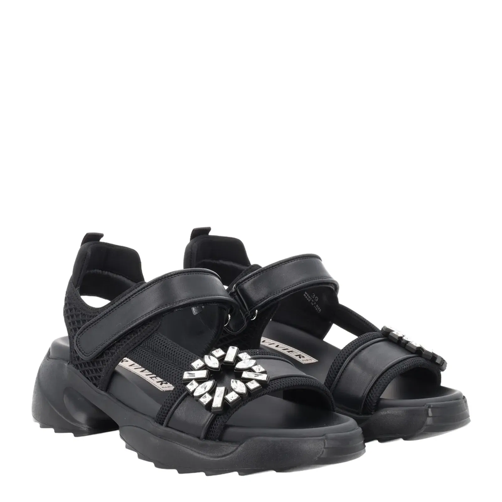 On The Run Black Leather And Textile Sandals