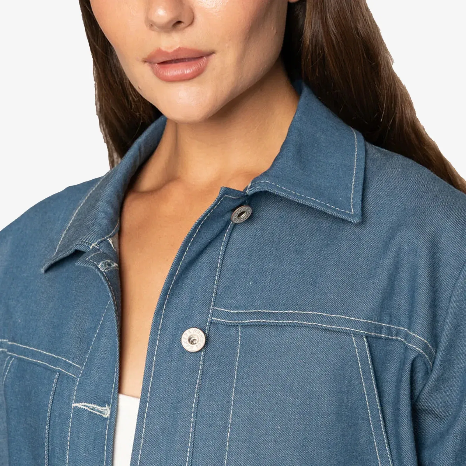 Naked & Famous CROPPED JACKET - ANTIQUE BLUE DENIM STRETCH { BLUE