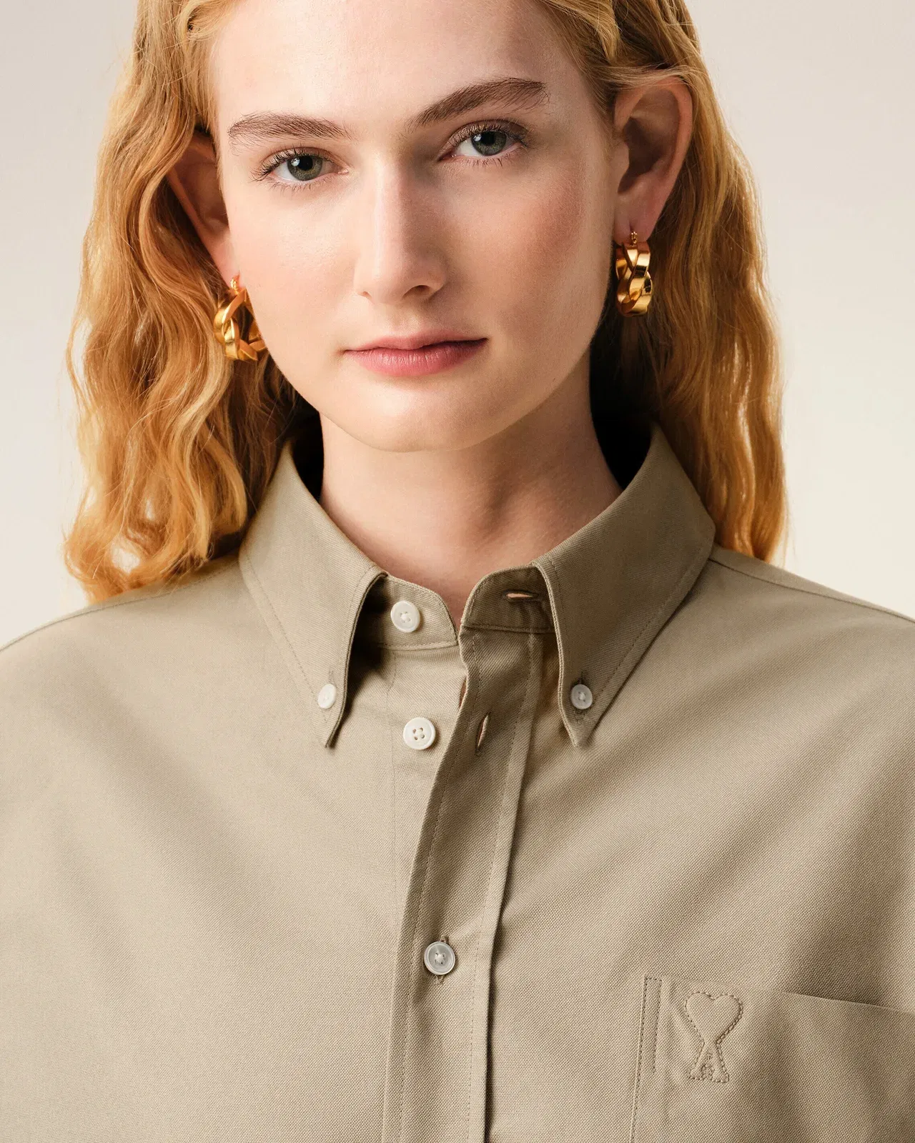 Beige Cotton Cropped Embossed Ami De Coeur Shirt Women's
