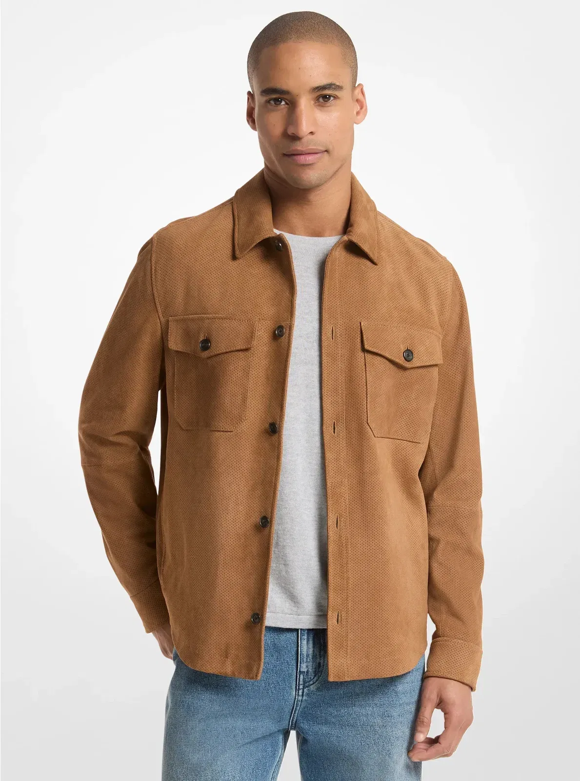 Michael Kors Perforated Suede Shirt Jacket DARK CAMEL