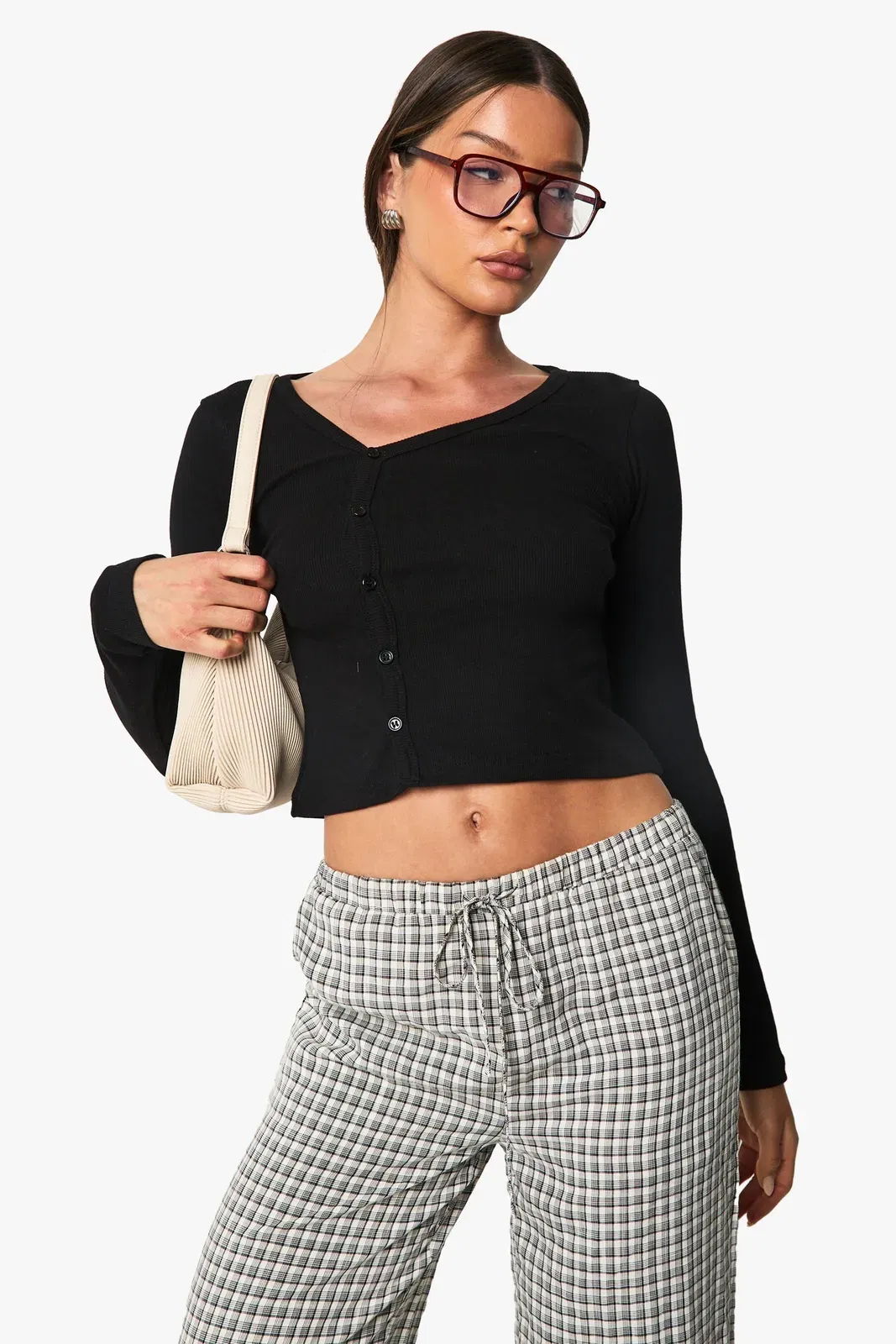 Rib Asymetric Neckline Long Sleeve Top