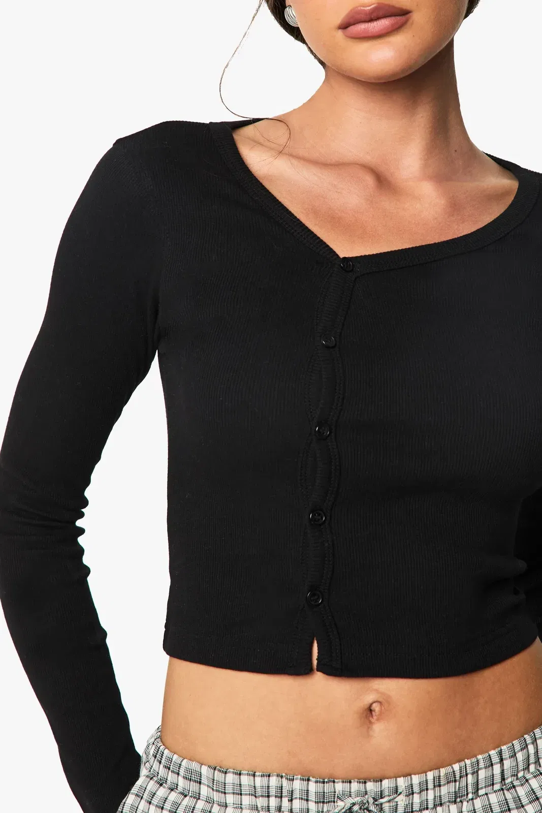 Rib Asymetric Neckline Long Sleeve Top