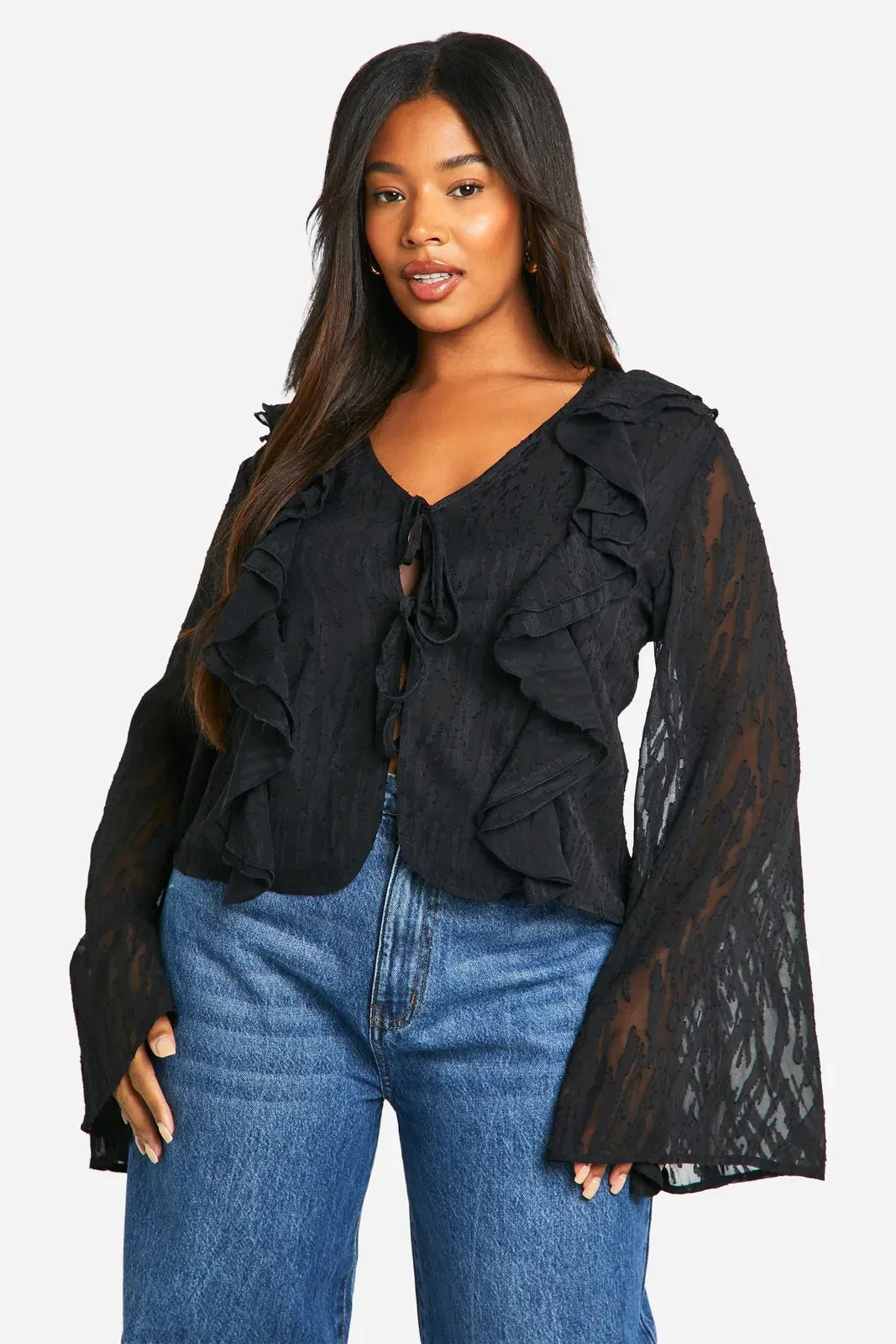 Plus Burnout Animal Tie Front Ruffle Blouse