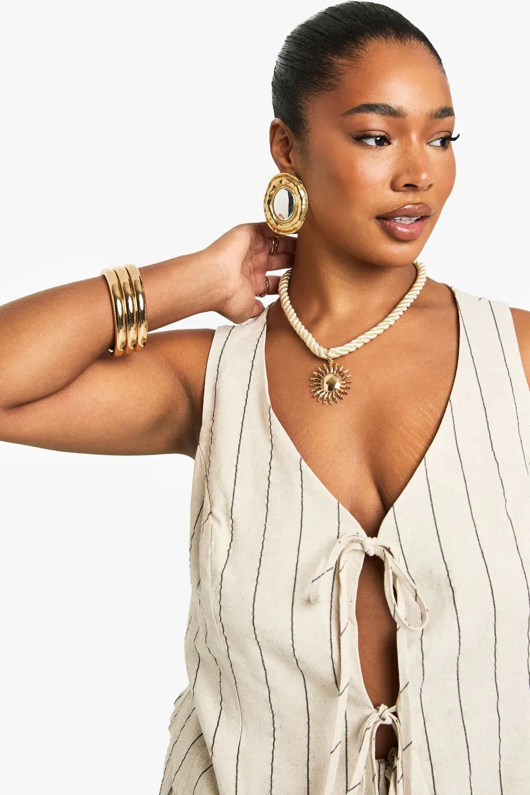 Plus Tie Front Linen Stripe Top