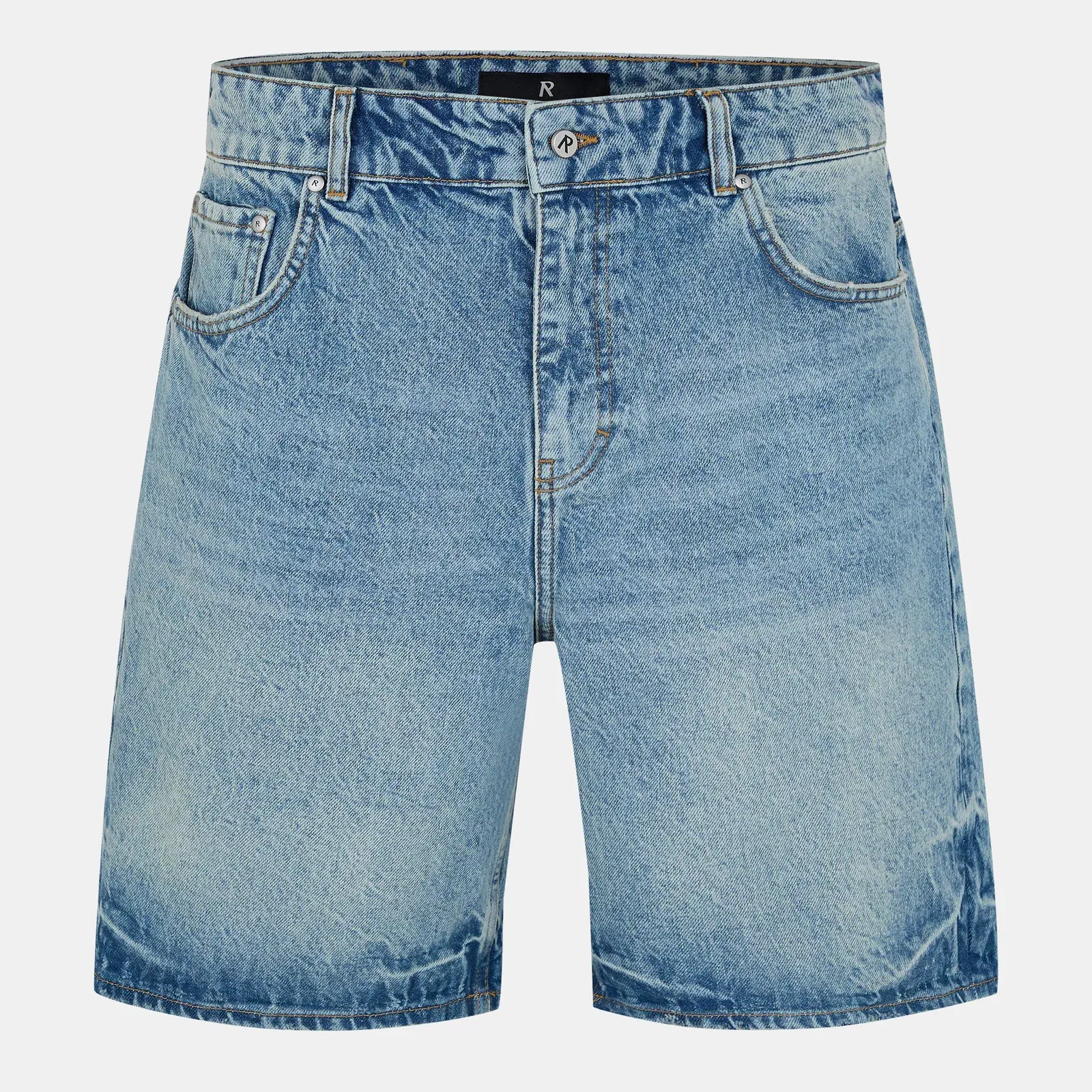 Mid Rise Knee Length 5 Pocket Cotton Denim Shorts