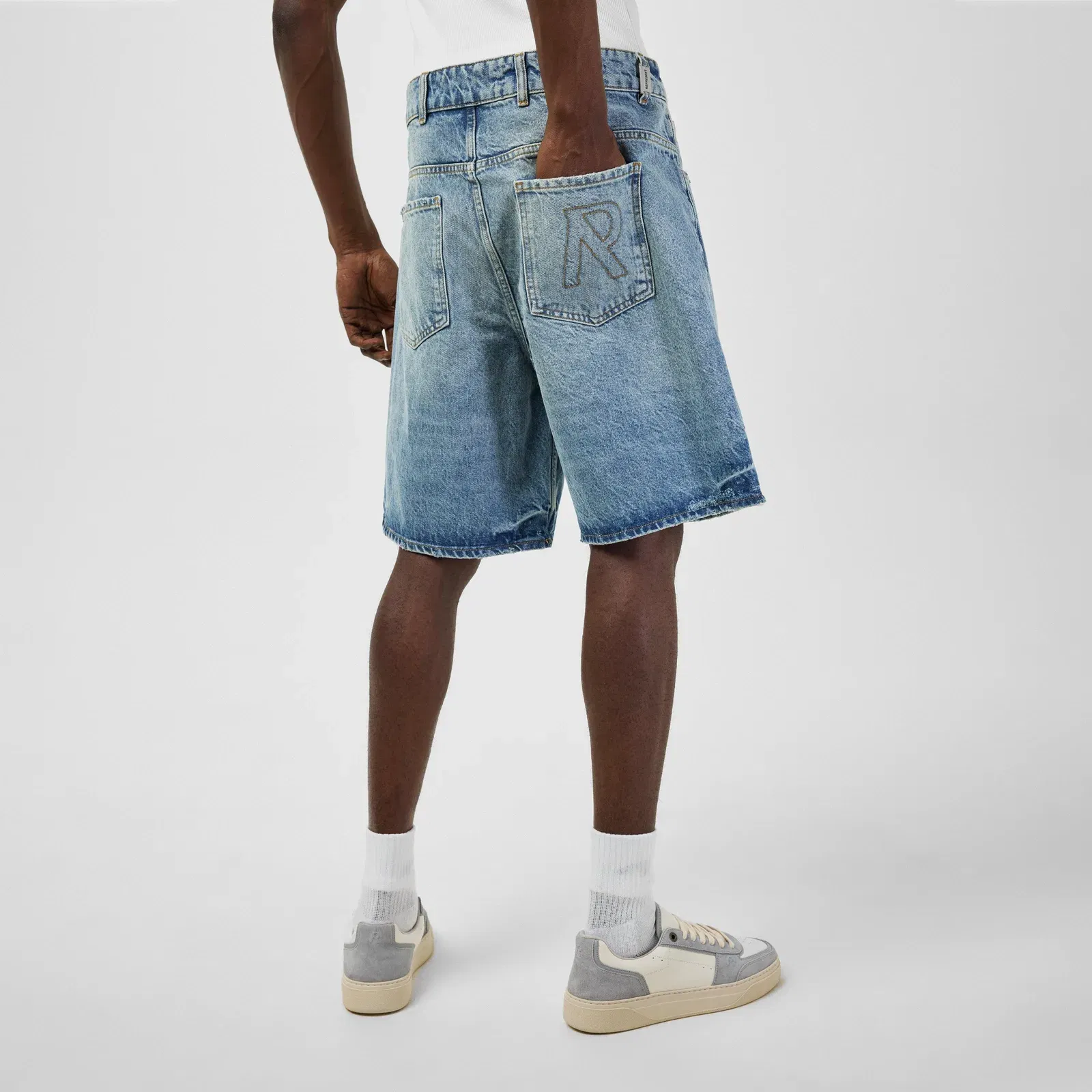 Mid Rise Knee Length 5 Pocket Cotton Denim Shorts
