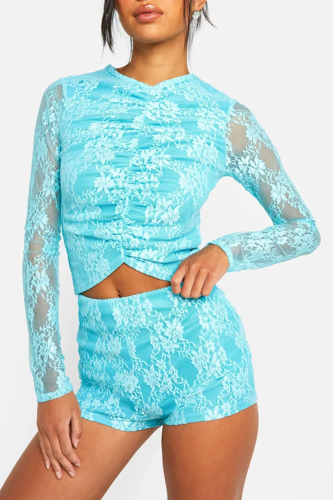 Lace Ruched Front Long Sleeve Top