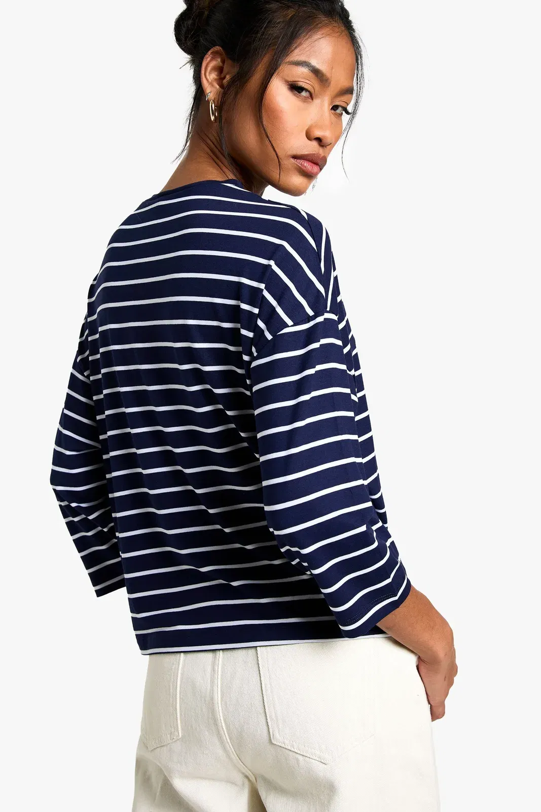 Stripe 3/4 Sleeve Crew Neck Top