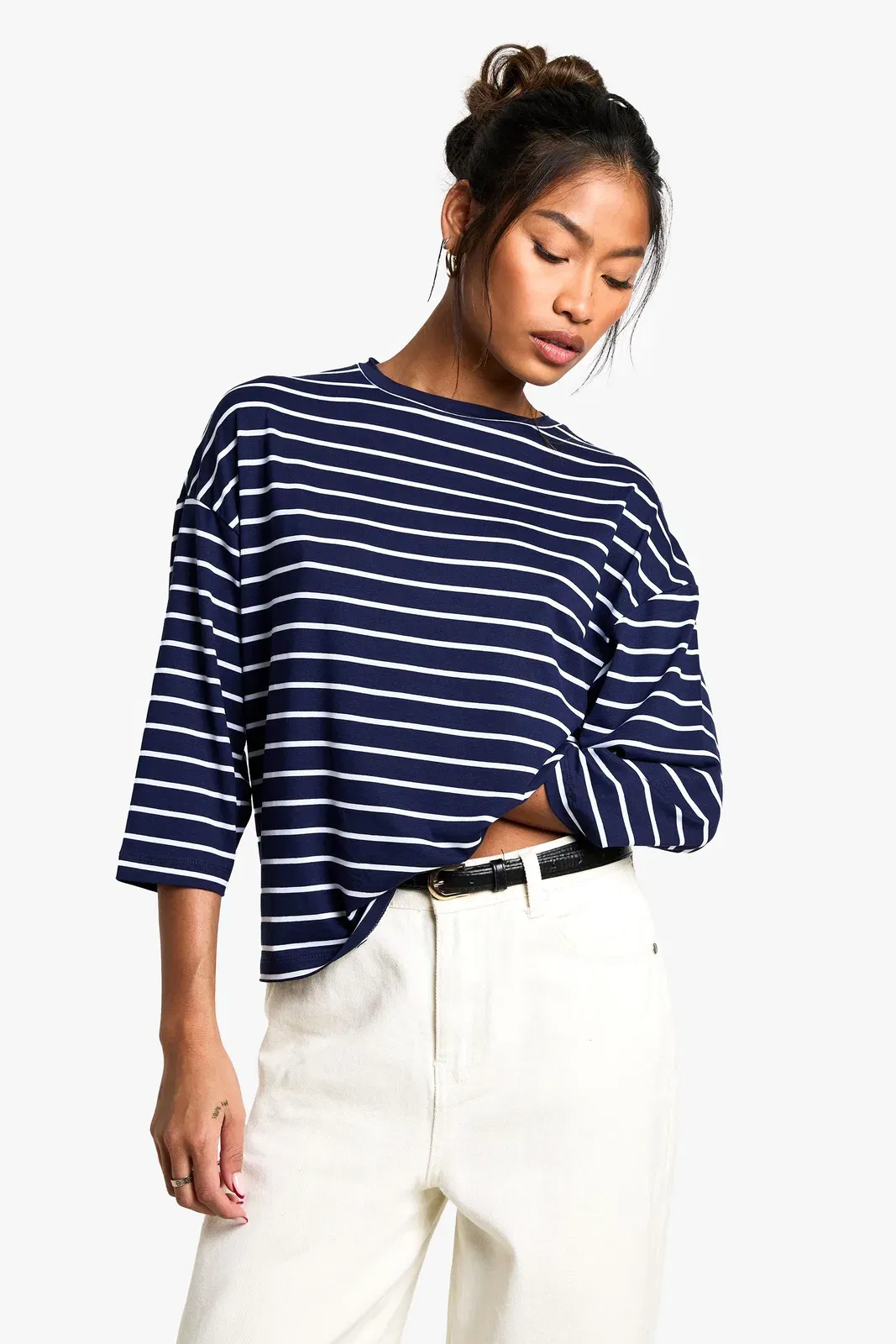 Stripe 3/4 Sleeve Crew Neck Top