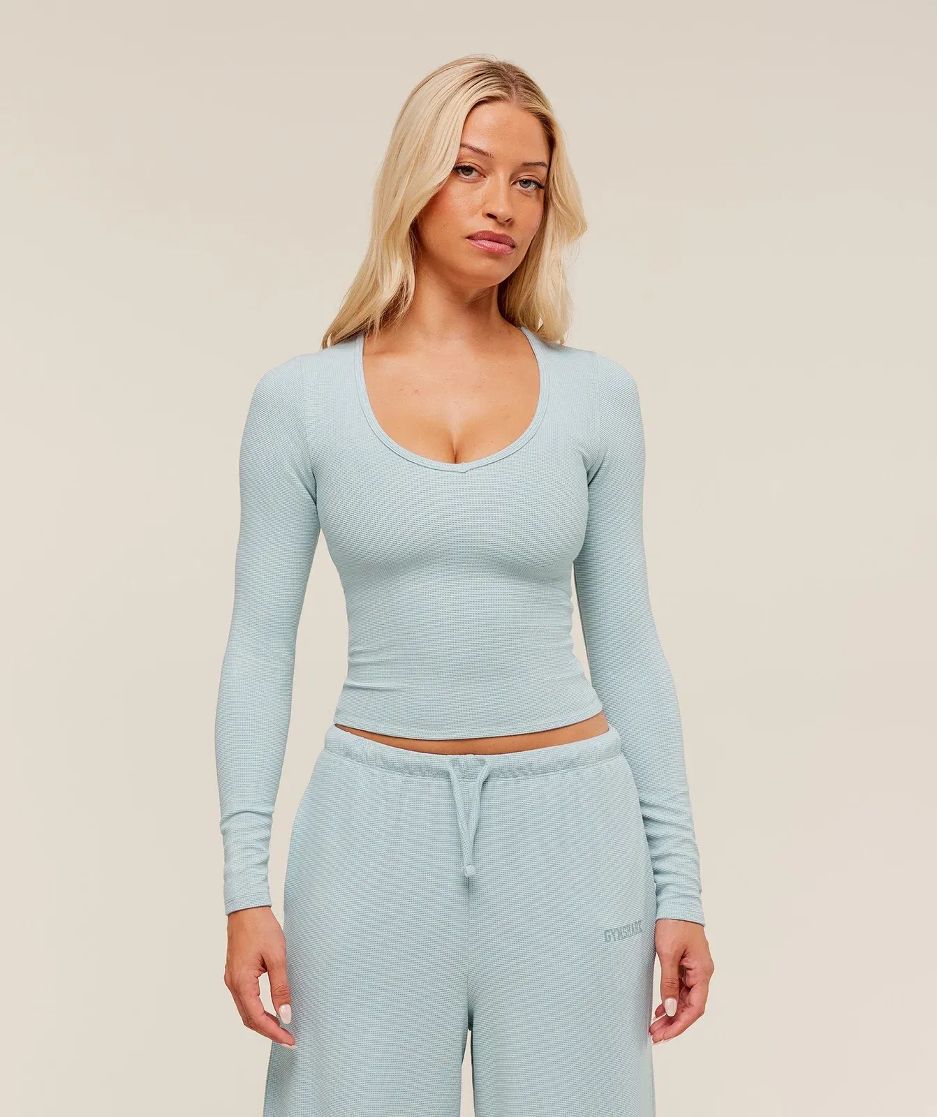 Gymshark Waffle Long Sleeve Top - Smoke Blue