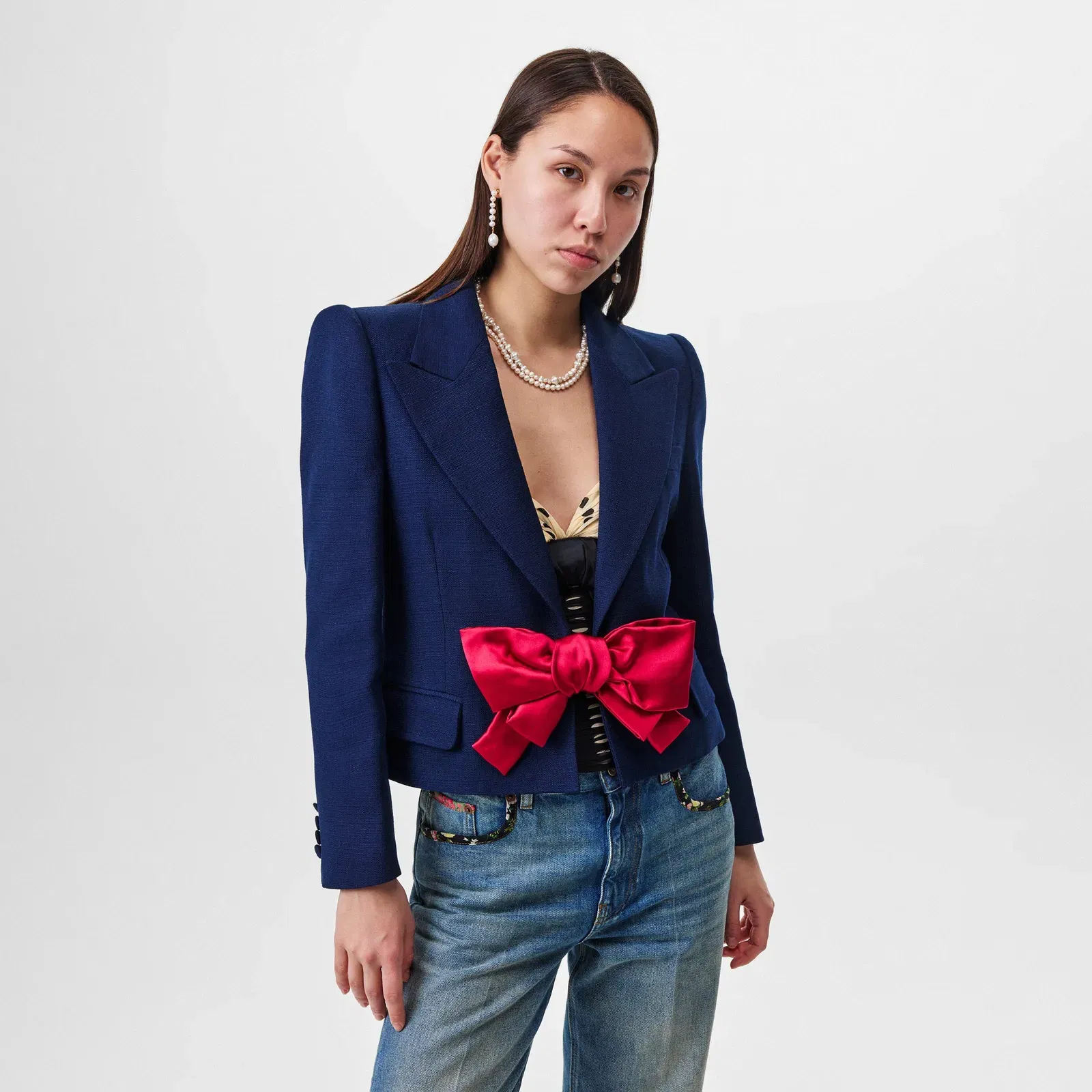 Bow Wool Long Sleeve Blazer
