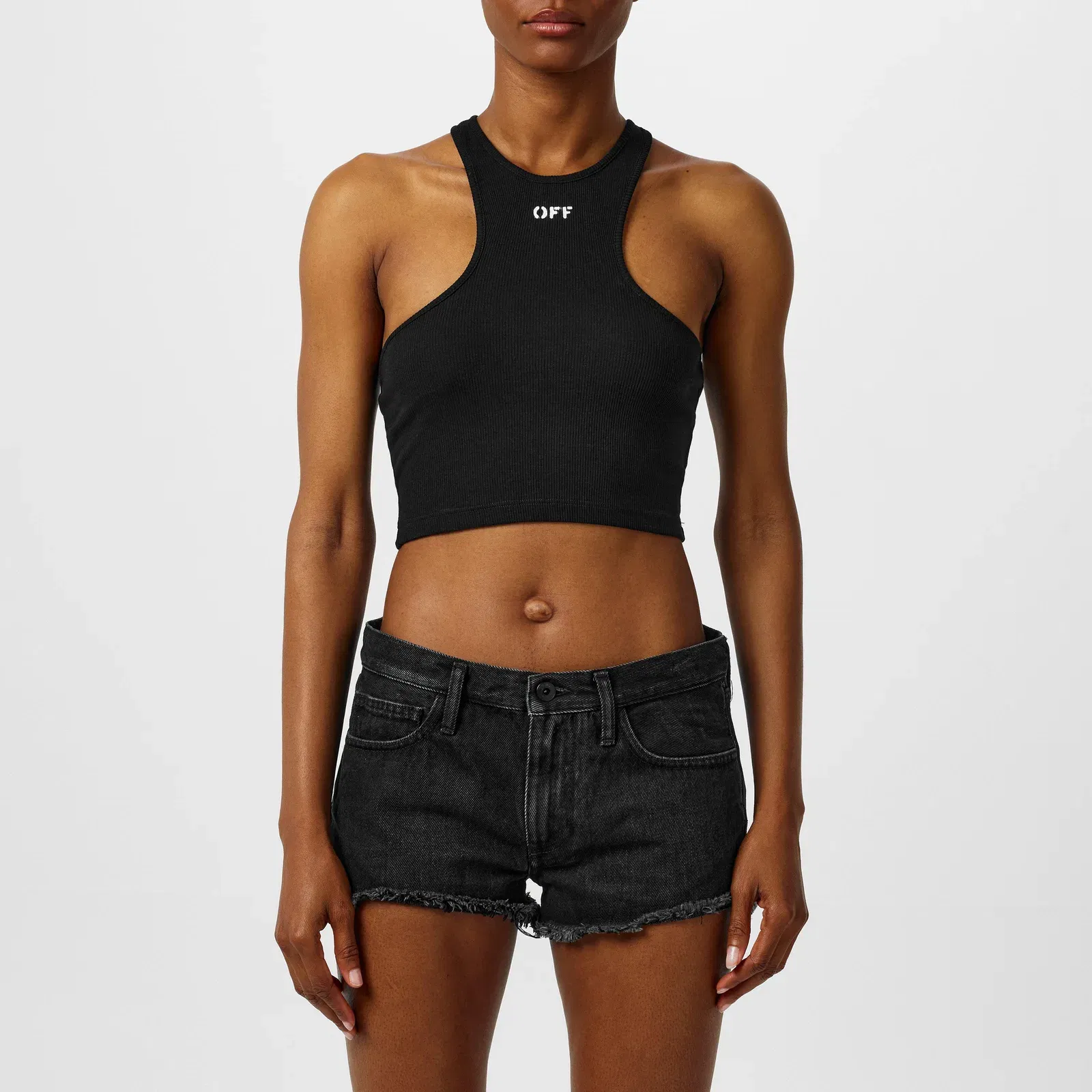 Stamp Cotton Sleeveless Round Neck Crop Top