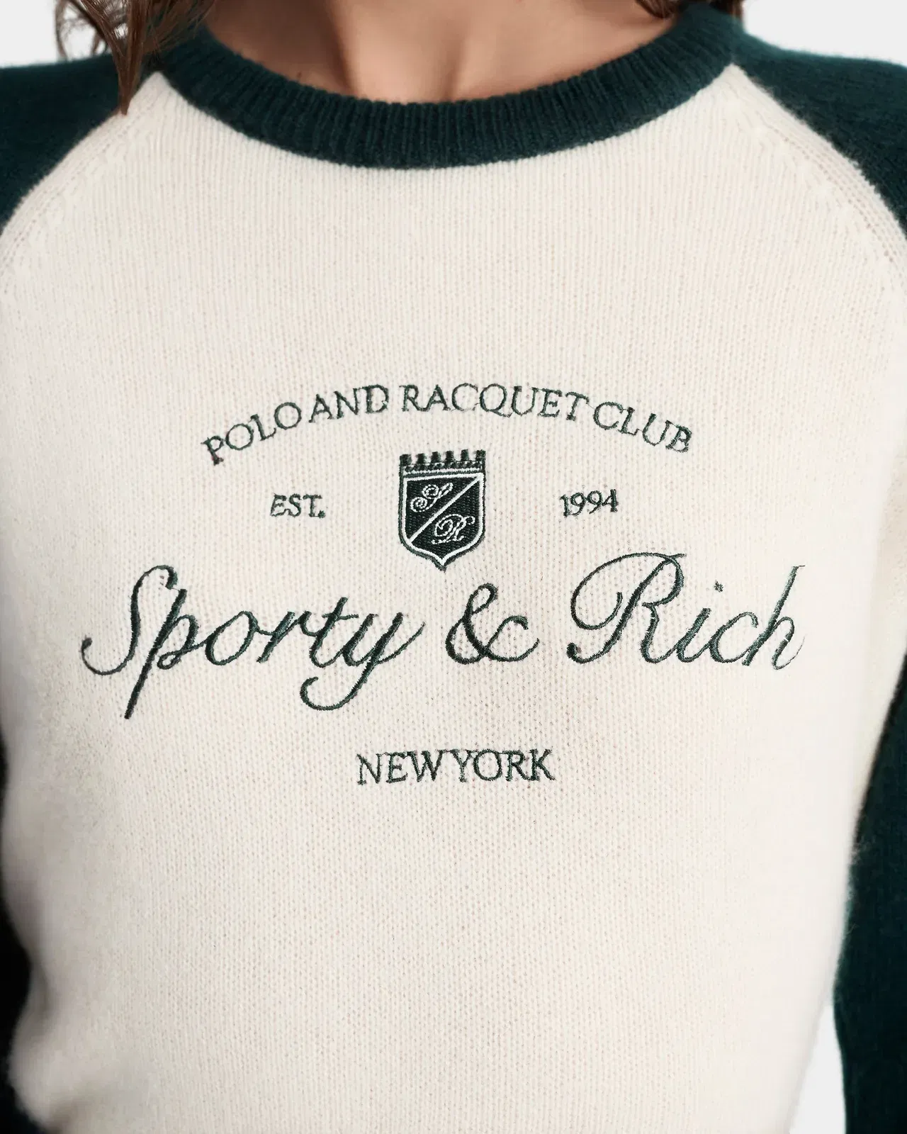 Syracuse Cashmere Baseball Sweater - Ecru/Forest