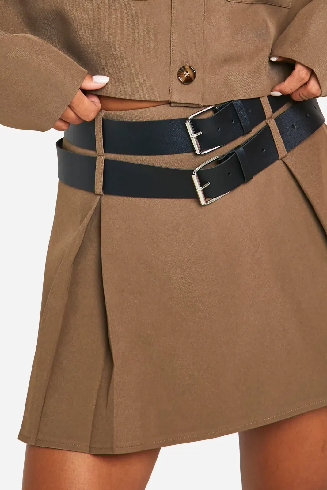Utility Belted Pleated Mini Skirt