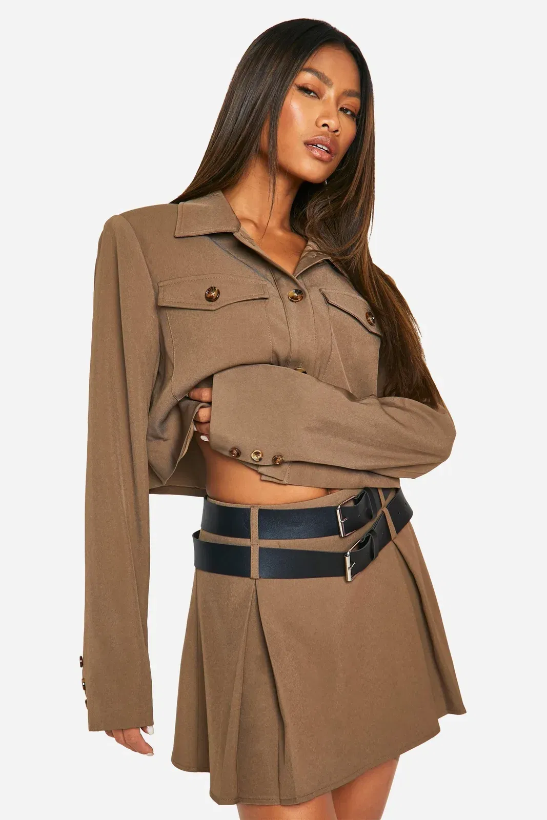 Utility Belted Pleated Mini Skirt