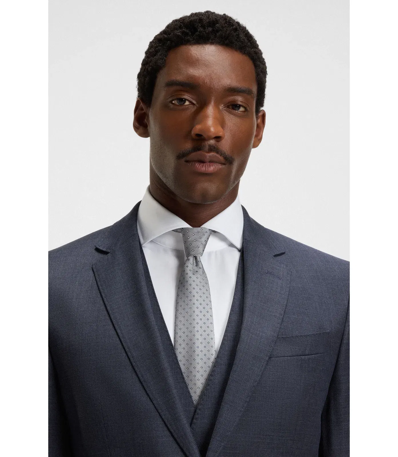 Boss Three Piece Slim Fit Suit In Patterned Stretch Wool Dark Blue