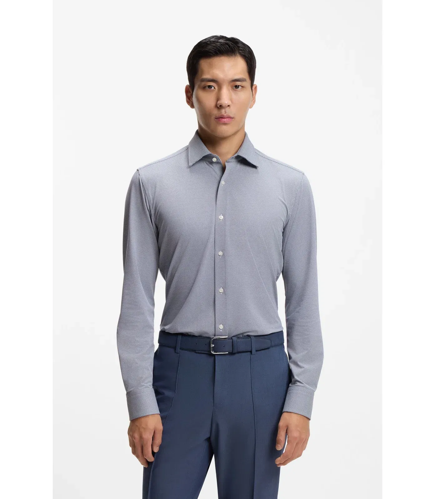 Boss Slim Fit Shirt In Structured Performance Stretch Fabric Dark Blue
