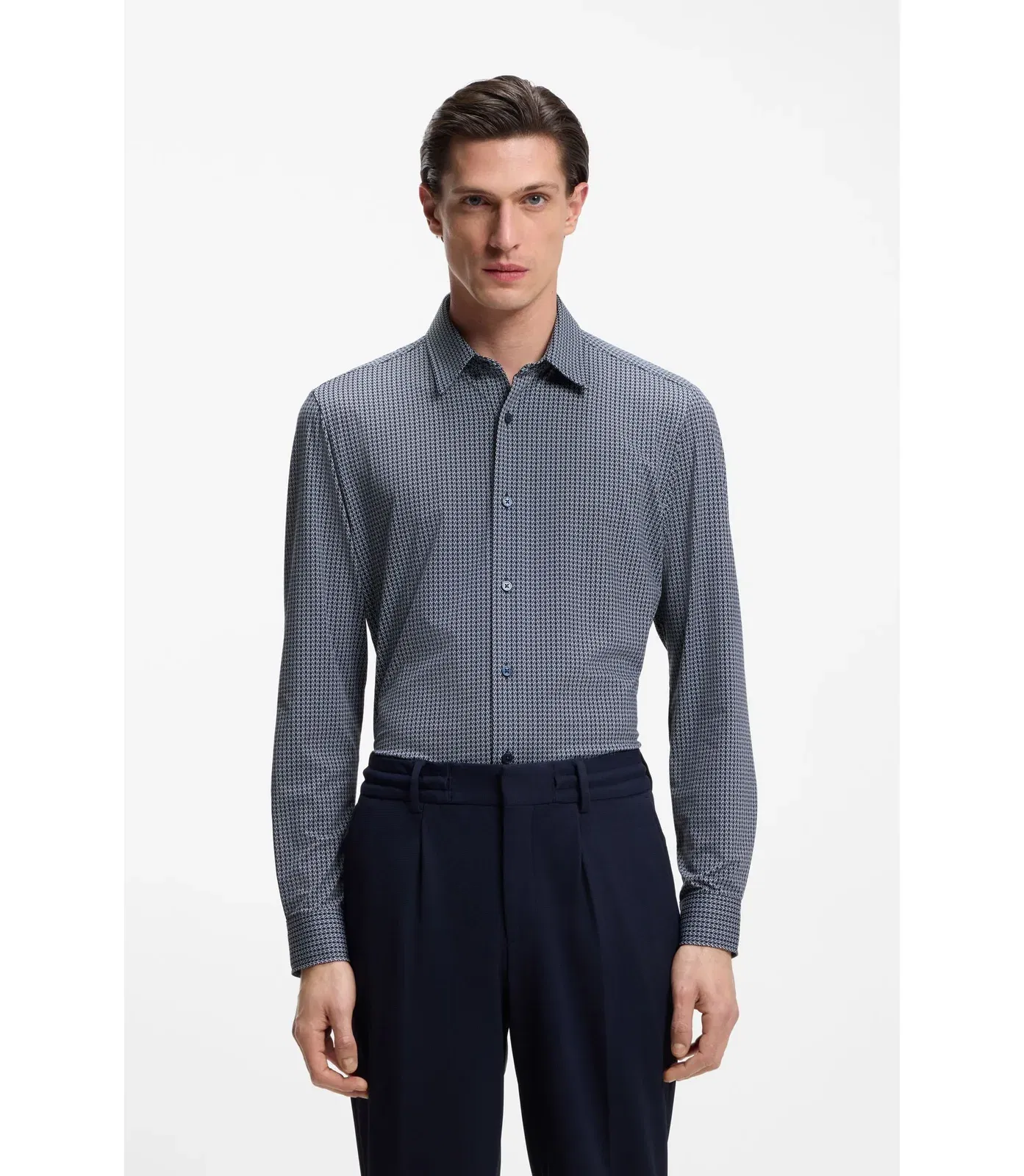 Boss Slim Fit Shirt In Italian Made Performance Stretch Jersey Dark Blue