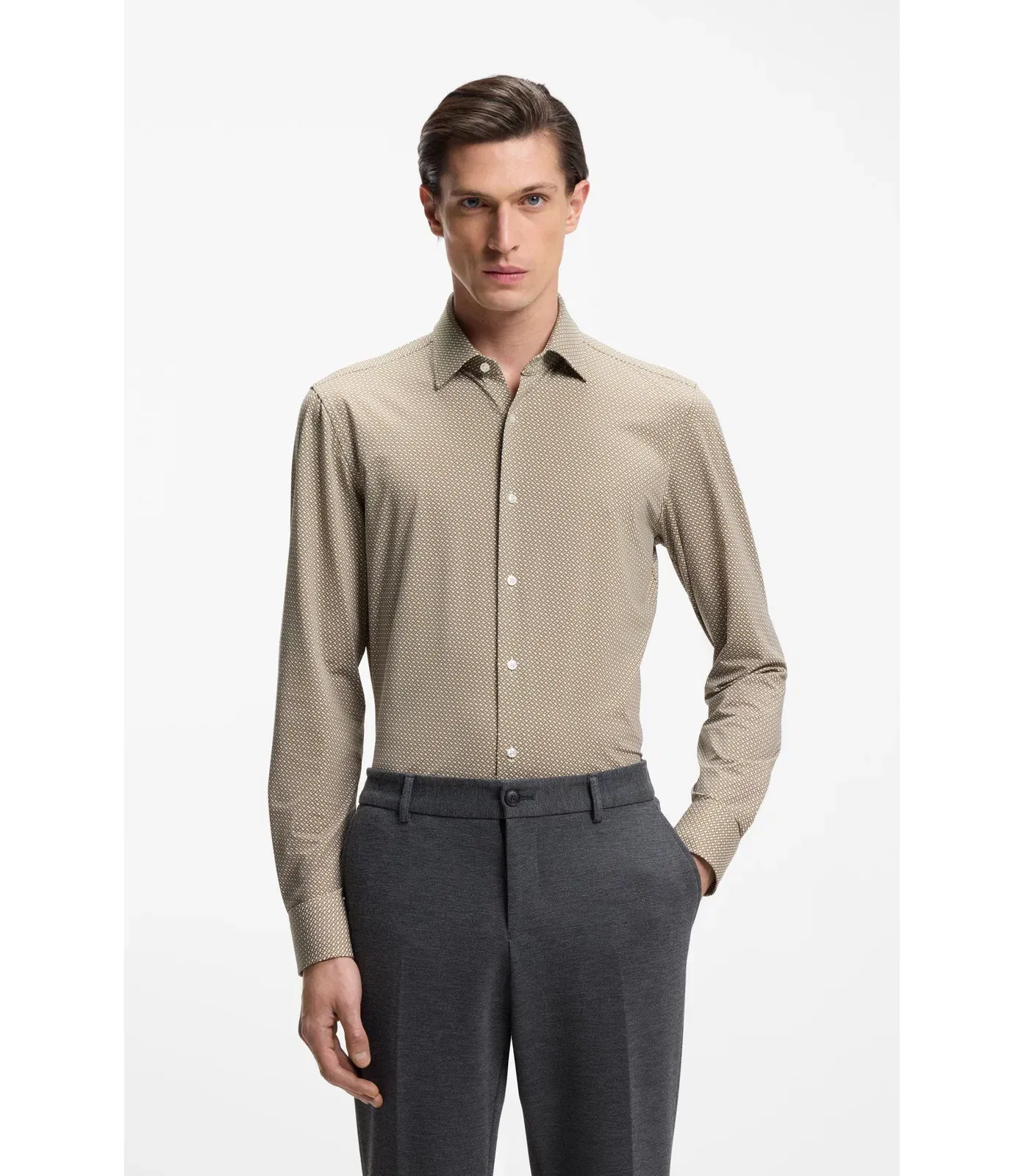 Boss Slim Fit Shirt In Italian Made Performance Stretch Fabric Khaki