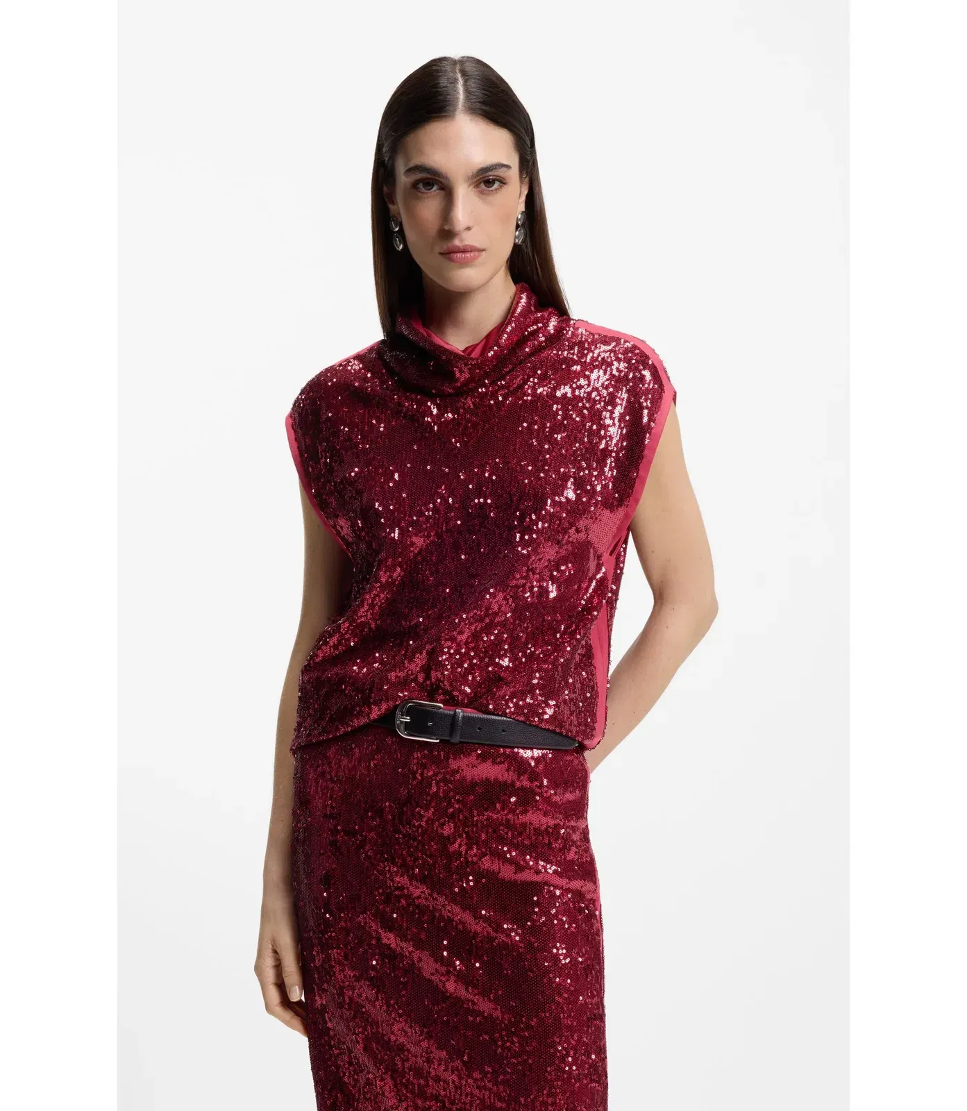 Boss Sequin Top With Draped Funnel Neckline Dark Red Women's