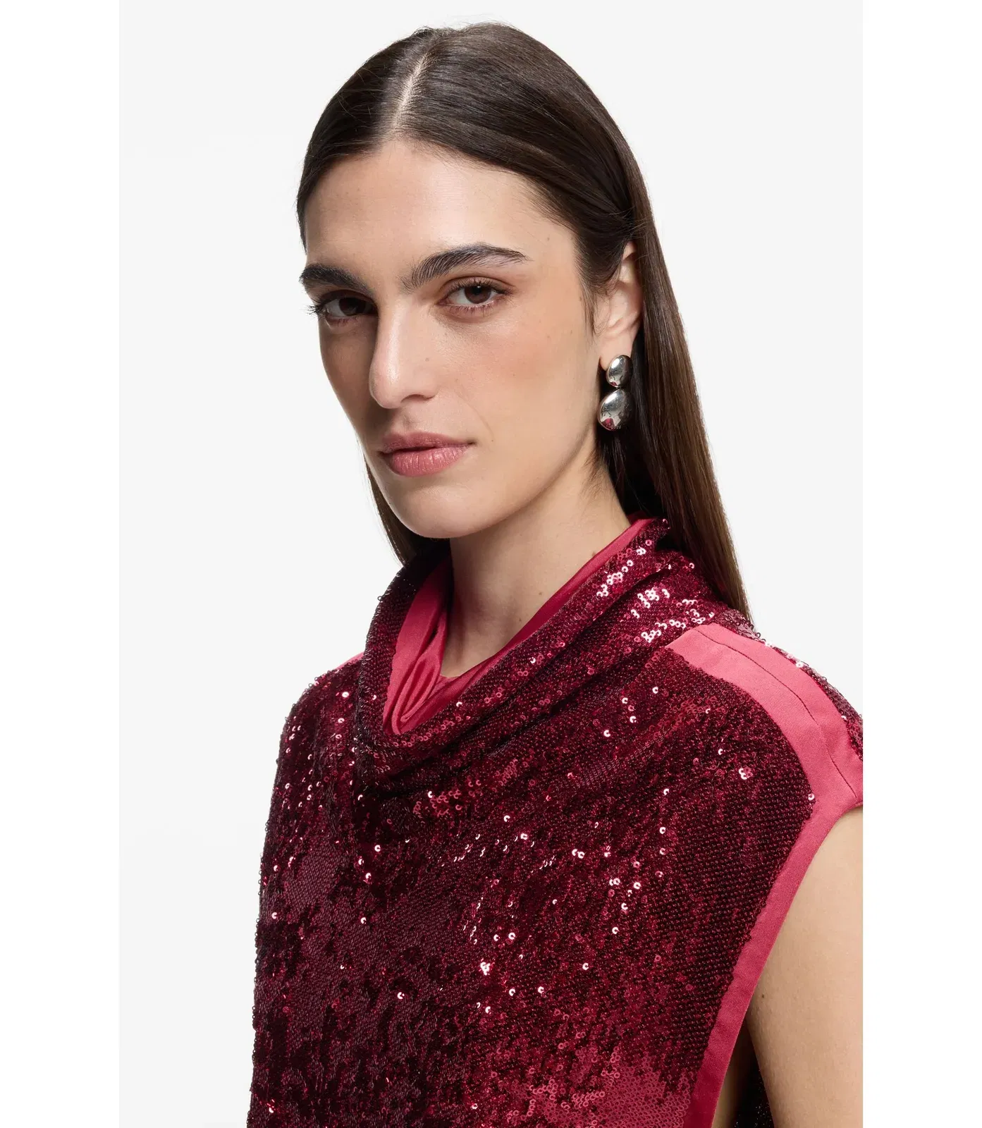 Boss Sequin Top With Draped Funnel Neckline Dark Red Women's
