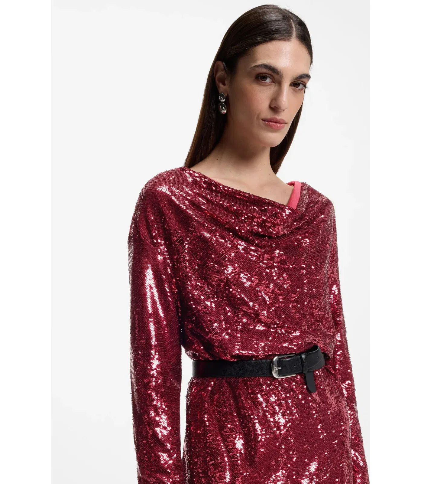Boss Sequin Dress With Draped Neckline Dark Red Women's