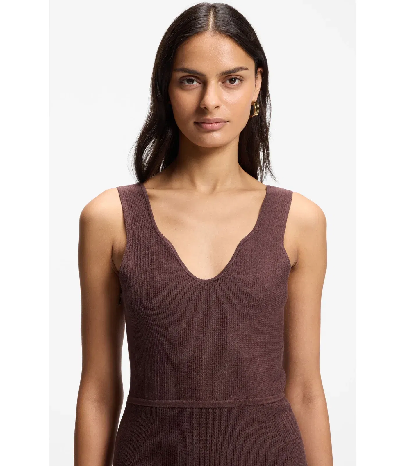 Boss Rib Knit Dress With Sheer Pleating Dark Brown Women's