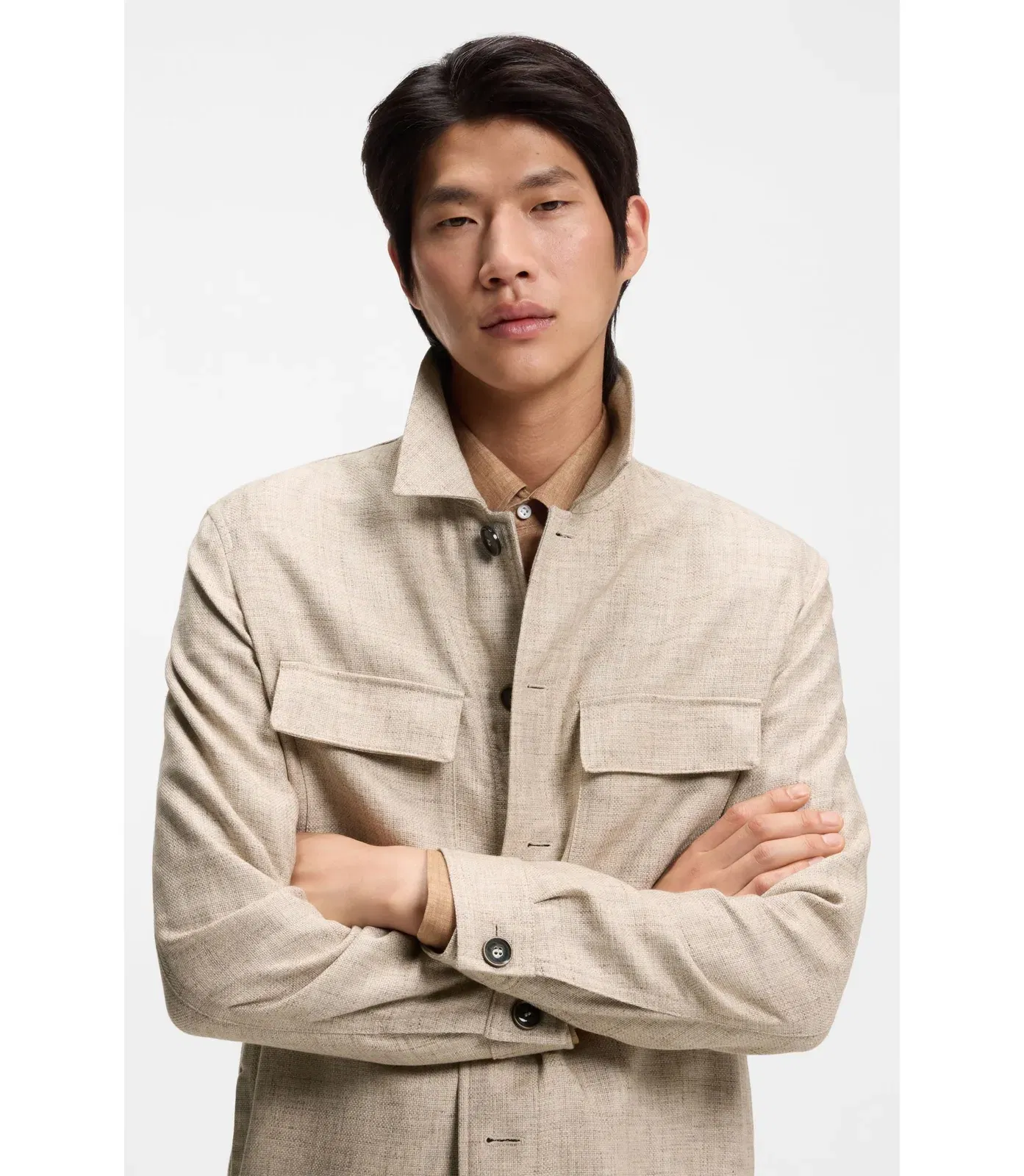Boss Regular Fit Overshirt In Virgin Wool Silk And Linen Beige