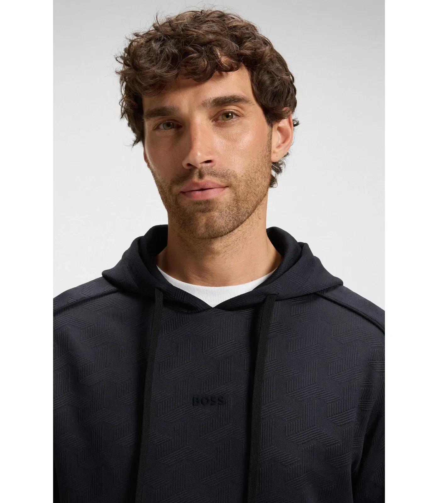 Boss Quilted Jacquard Hoodie In A Regular Fit Dark Blue