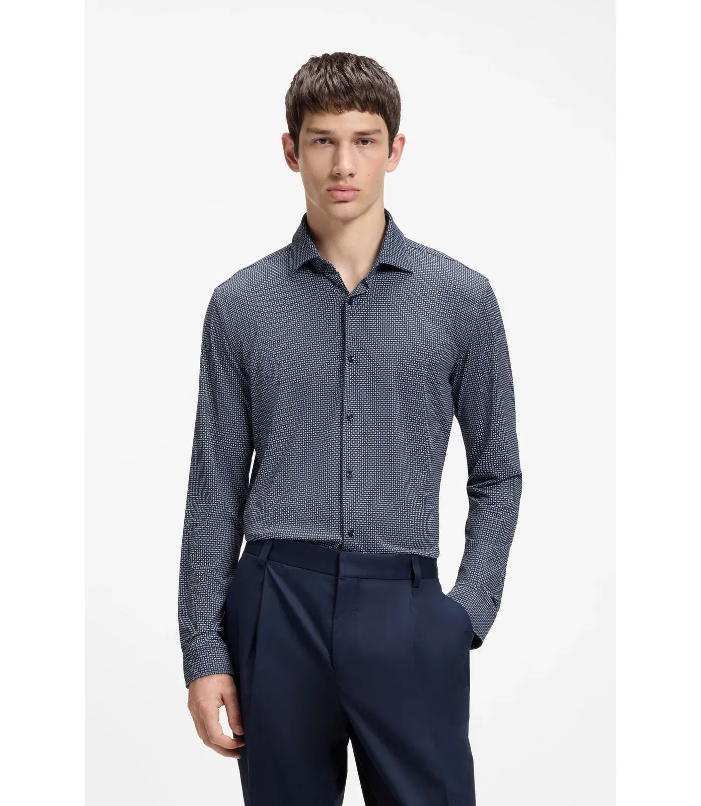 Hugo Printed Slim Fit Shirt In Stretch Jersey Dark Blue