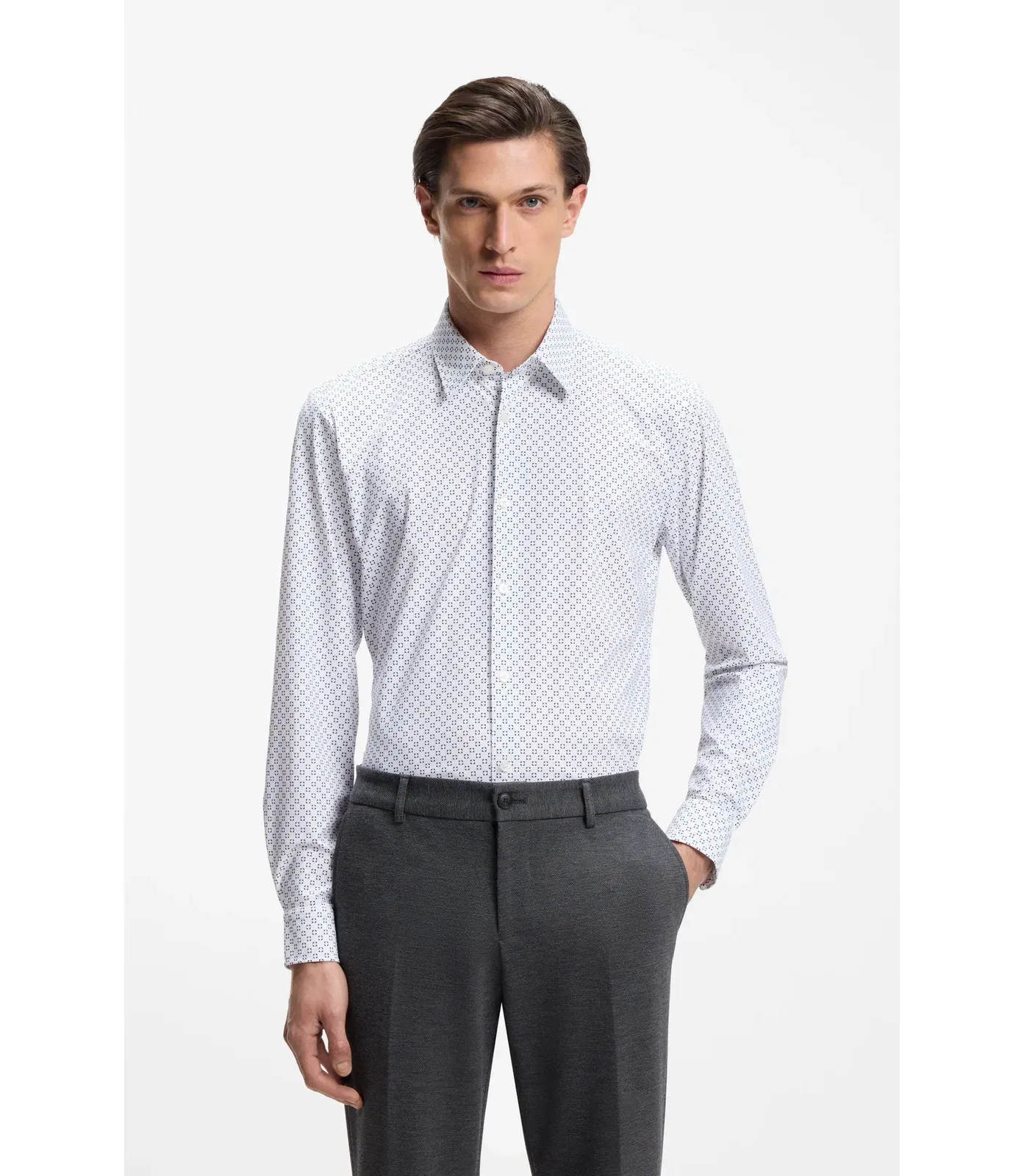 Boss Printed Slim Fit Shirt In Performance Stretch Jersey Dark Blue
