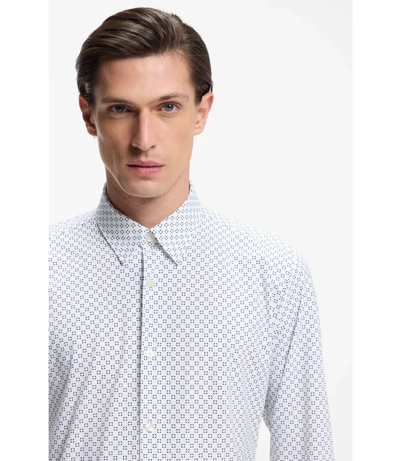 Boss Printed Slim Fit Shirt In Performance Stretch Jersey Dark Blue