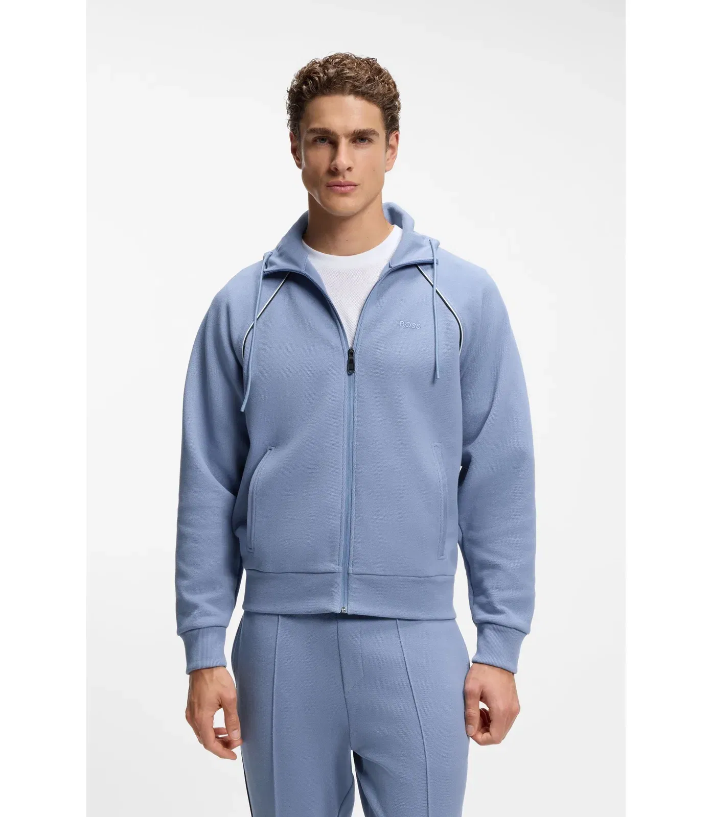 Boss Piping Detail Zip Up Hoodie In A Cotton Blend Light Blue