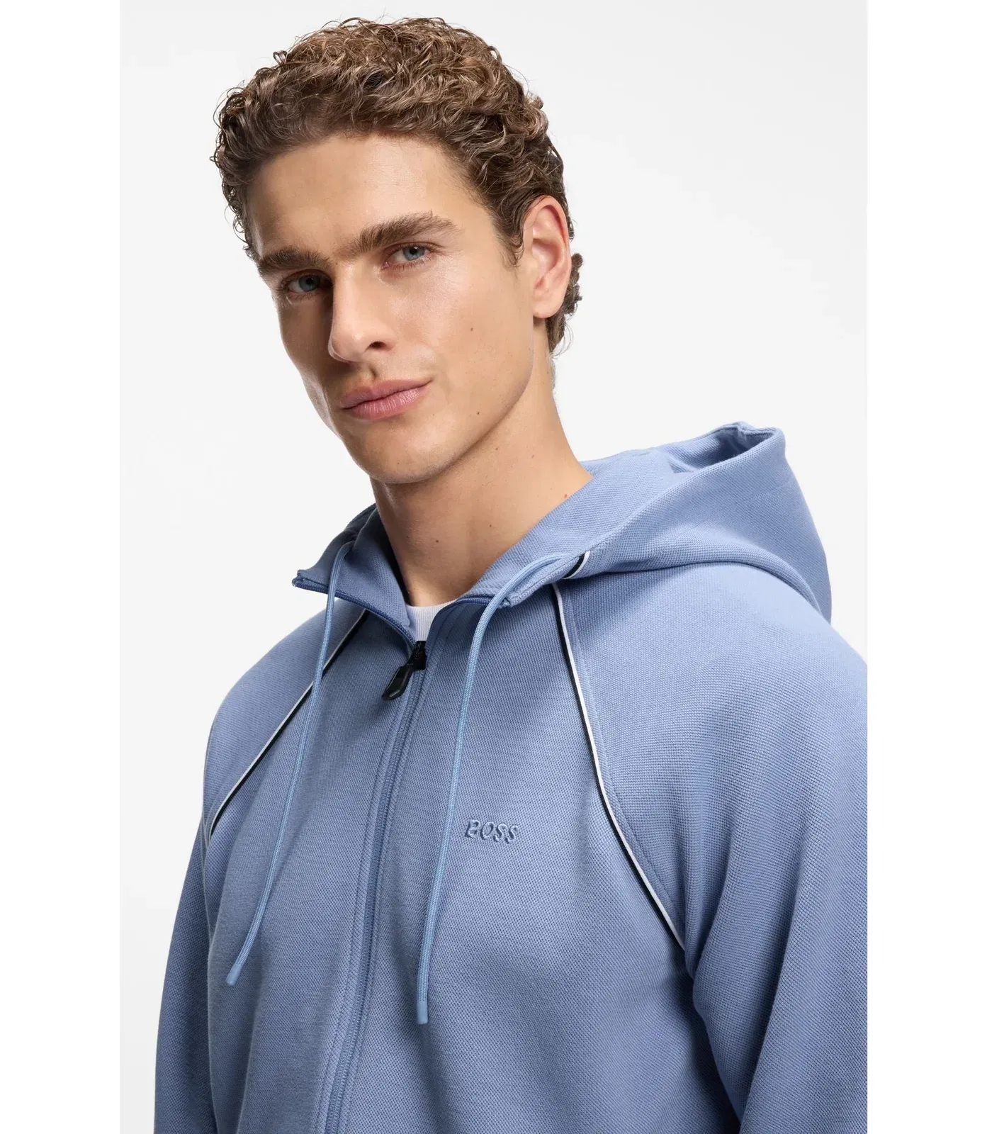 Boss Piping Detail Zip Up Hoodie In A Cotton Blend Light Blue