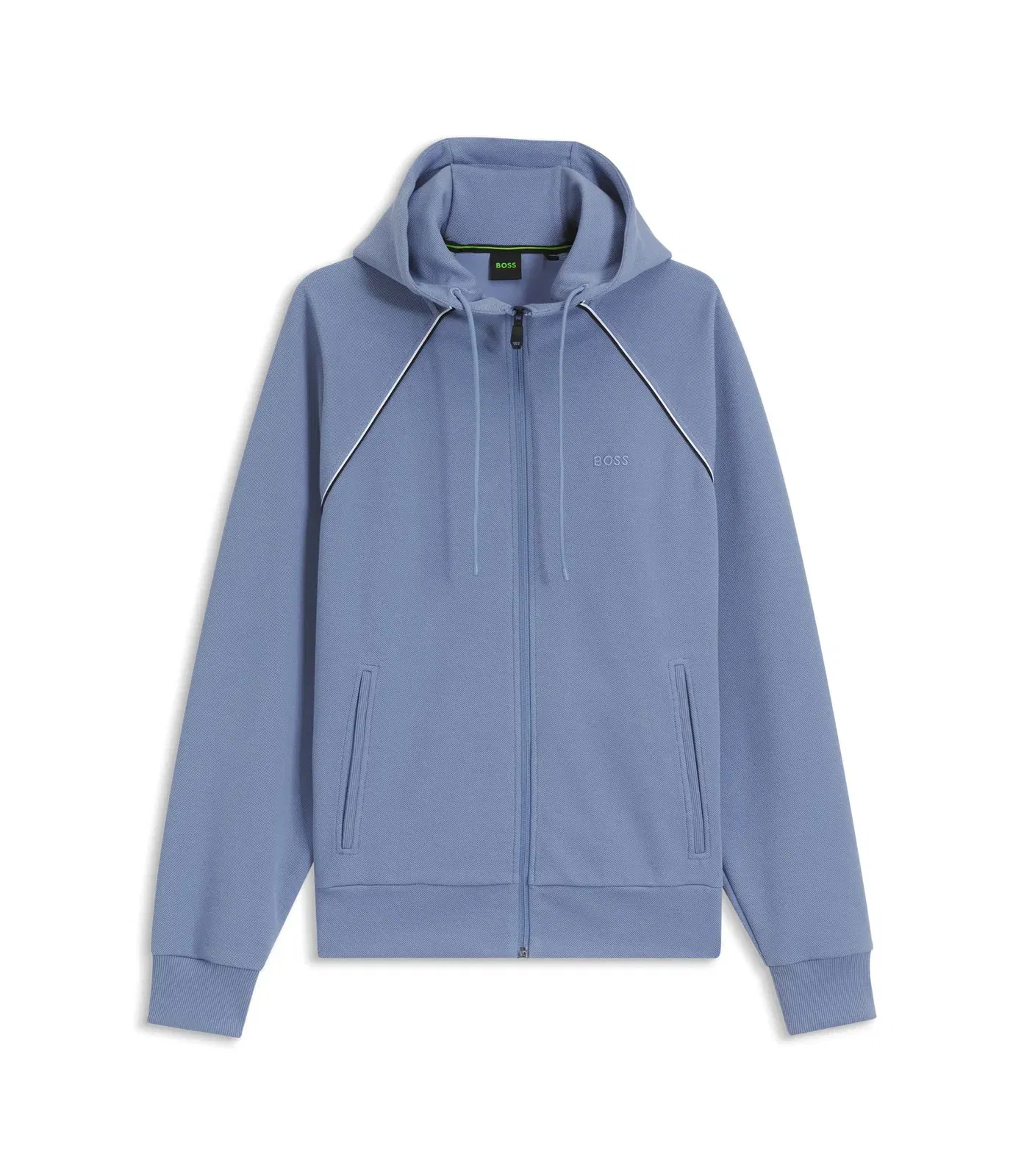 Boss Piping Detail Zip Up Hoodie In A Cotton Blend Light Blue