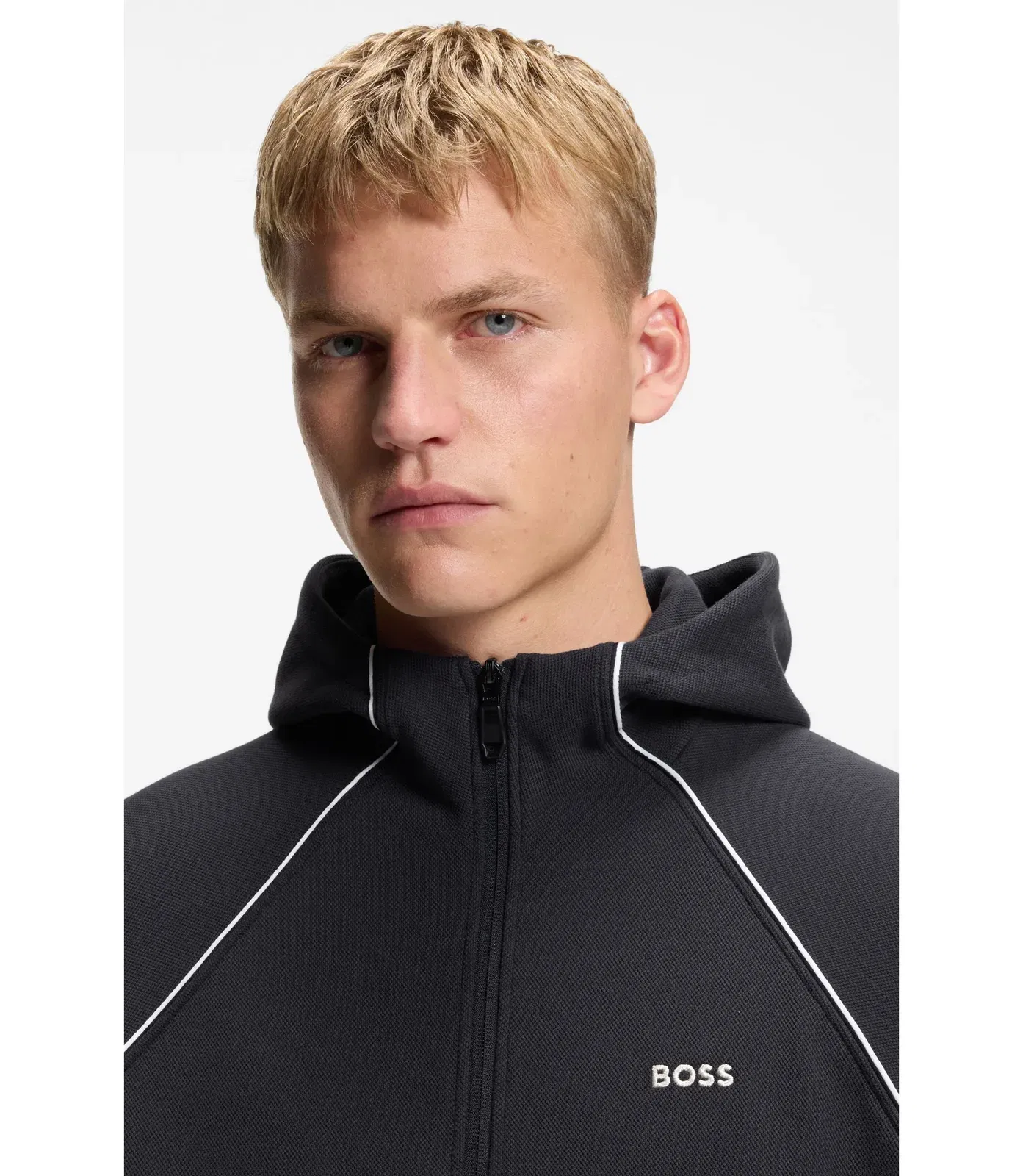 Boss Piping Detail Zip Up Hoodie In A Cotton Blend Dark Blue