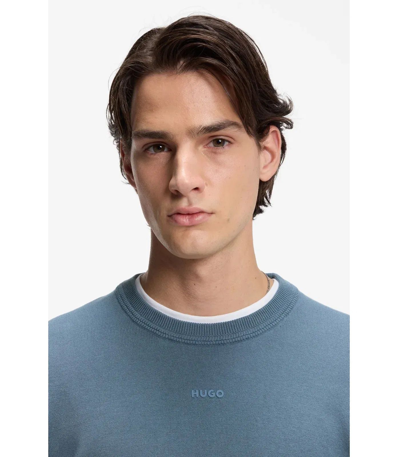 Hugo Logo Detail Sweater In Cotton Light Blue