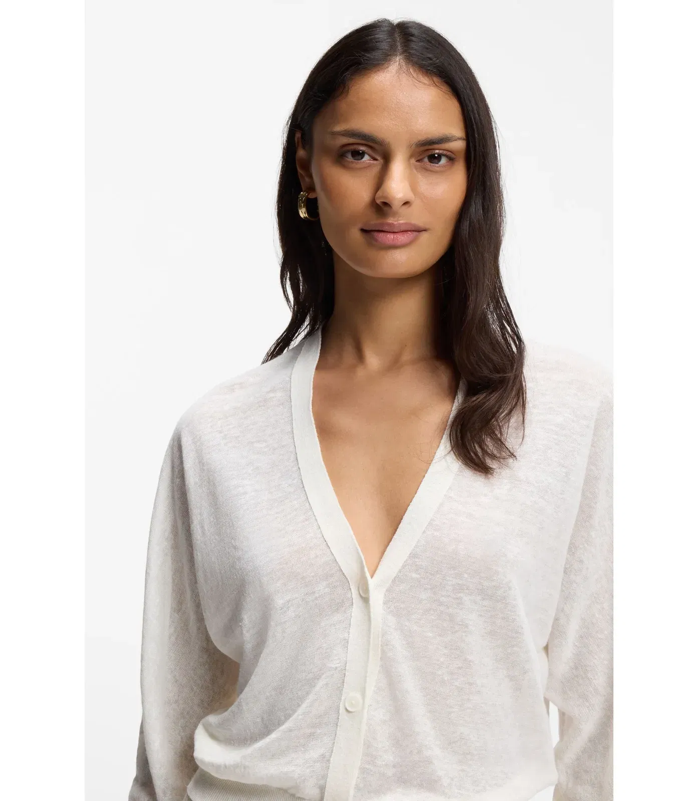 Boss Linen Cotton Cardigan With Buttoned Front White Women's