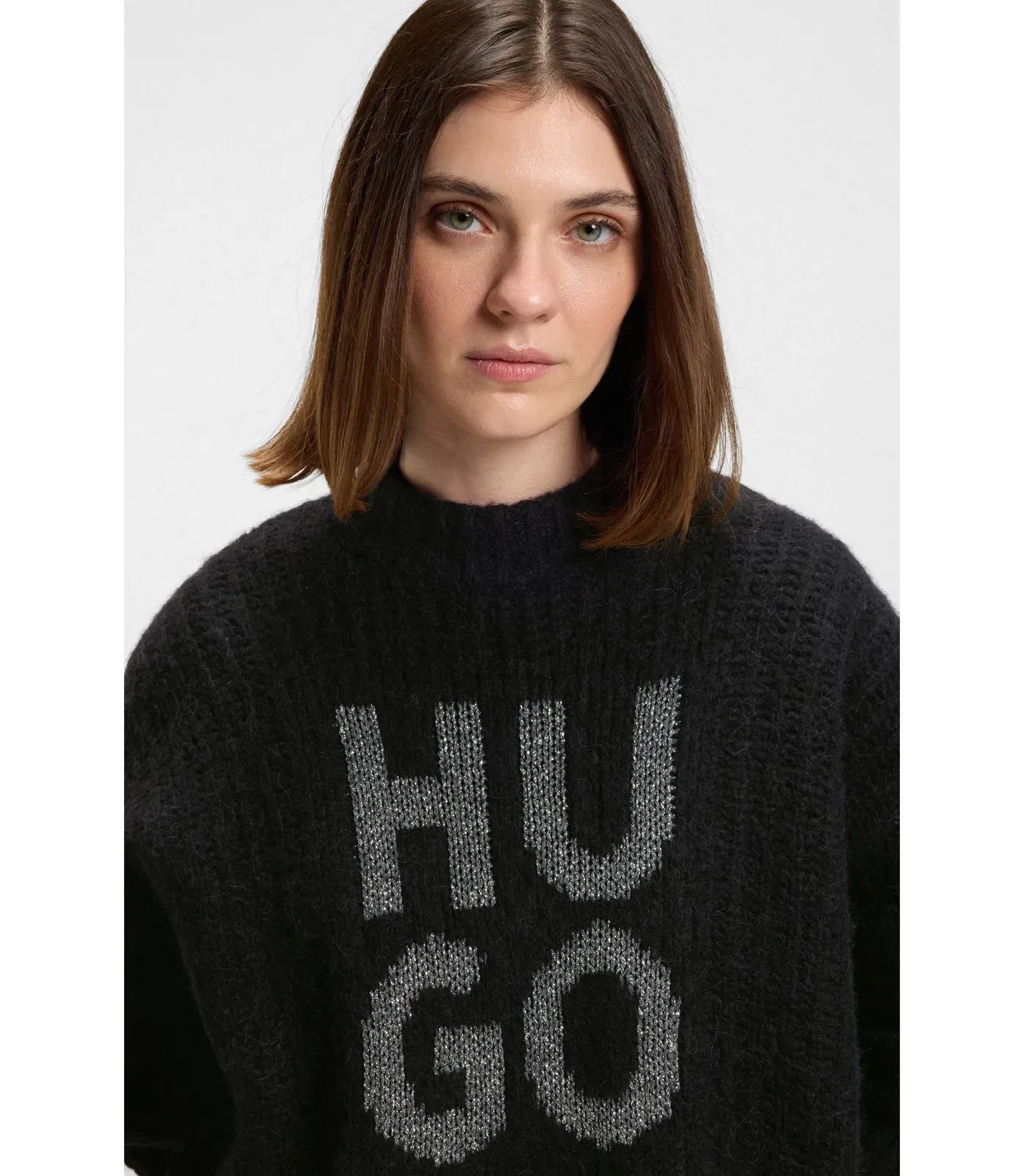 Hugo Knitted Sweater With Sparkling Stacked Logo Black Women's