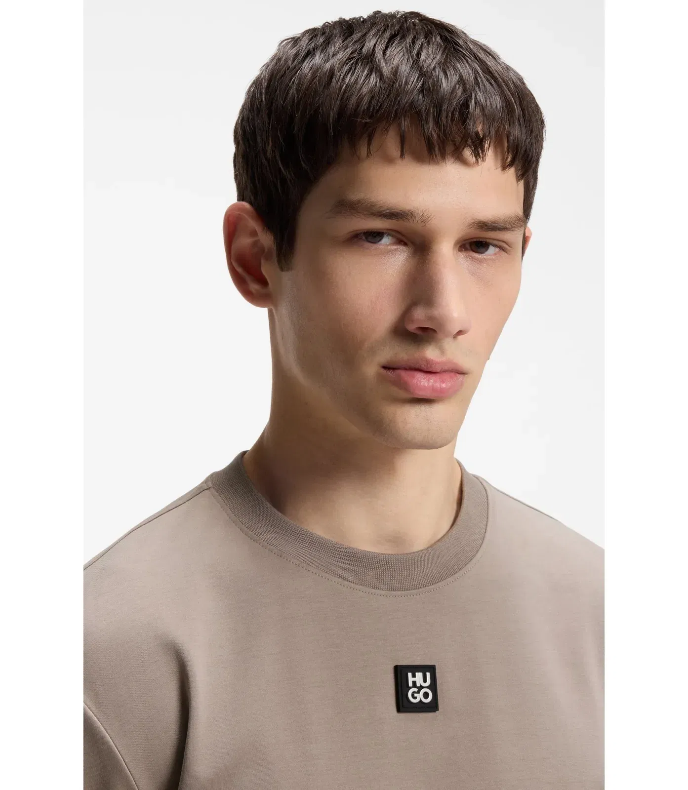 Hugo Interlock Cotton T-Shirt With Metallic Stacked Logo Badge Light Brown
