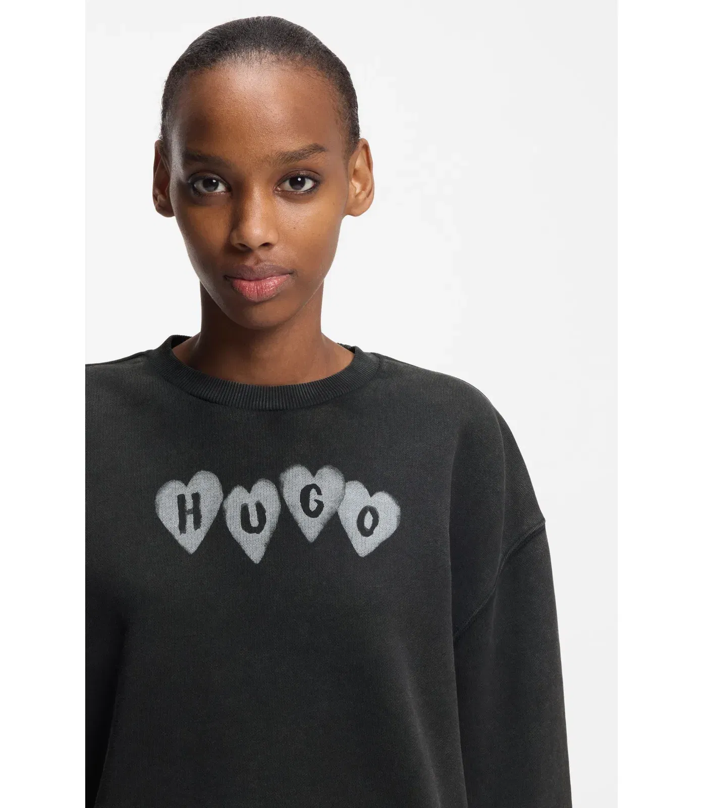Hugo Heart Logo Sweatshirt In Cotton Terry Black Women's