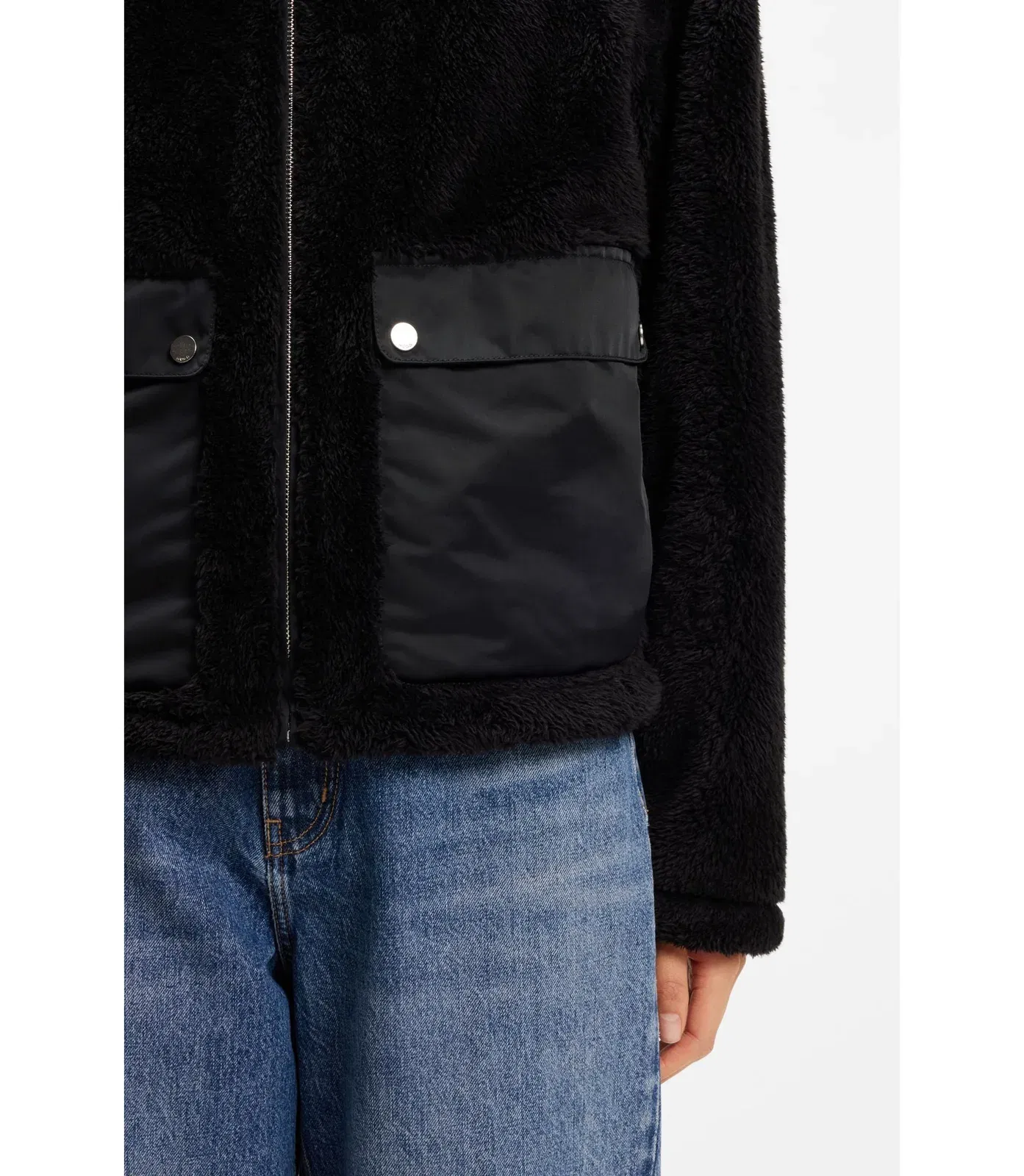 Hugo Faux Fur Coat With Contrasting Patch Pockets Black Women's