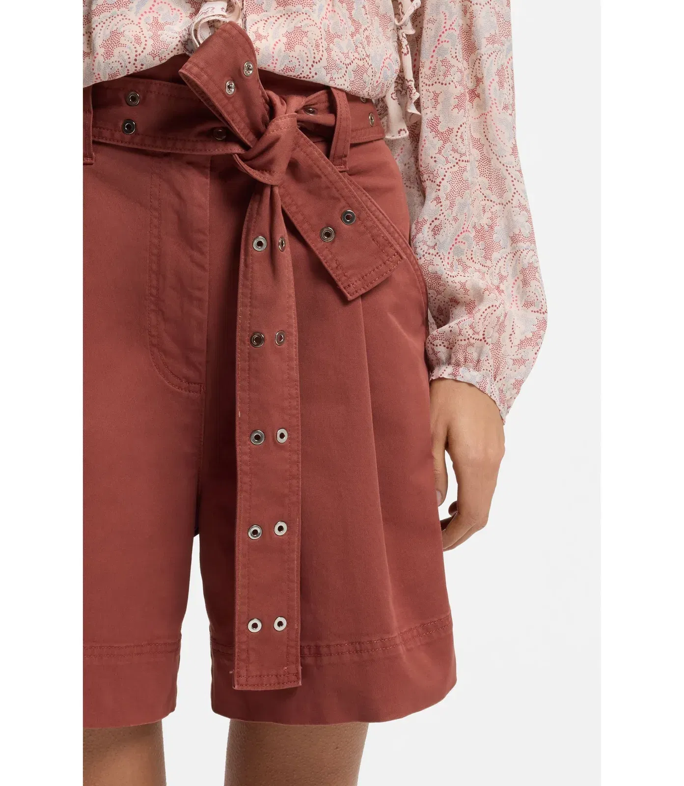 Boss Eyelet Belt Shorts In Stretch Cotton Dark Red Women's