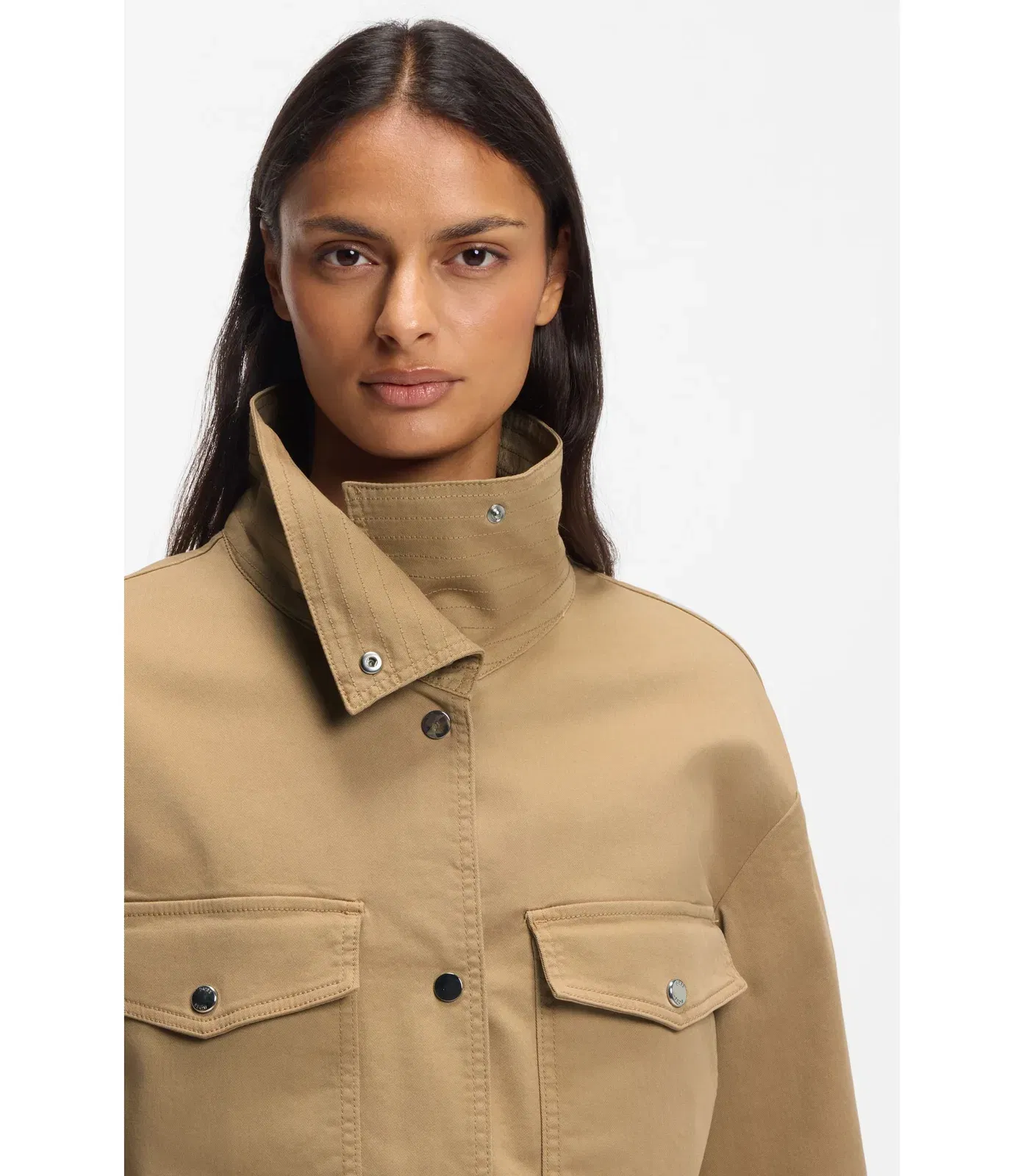 Boss Cropped Jacket In Paper Touch Cotton Twill Brown Women's