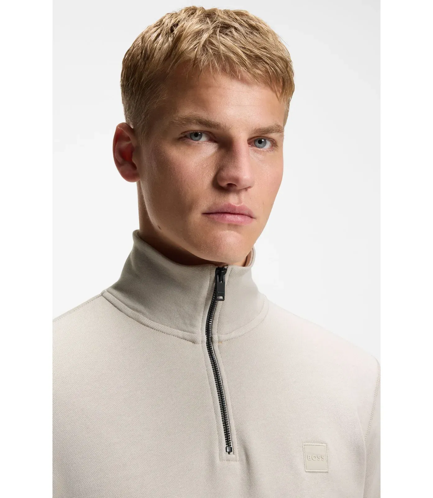 Boss Cotton Terry Sweatshirt With Zipper Collar Light Grey