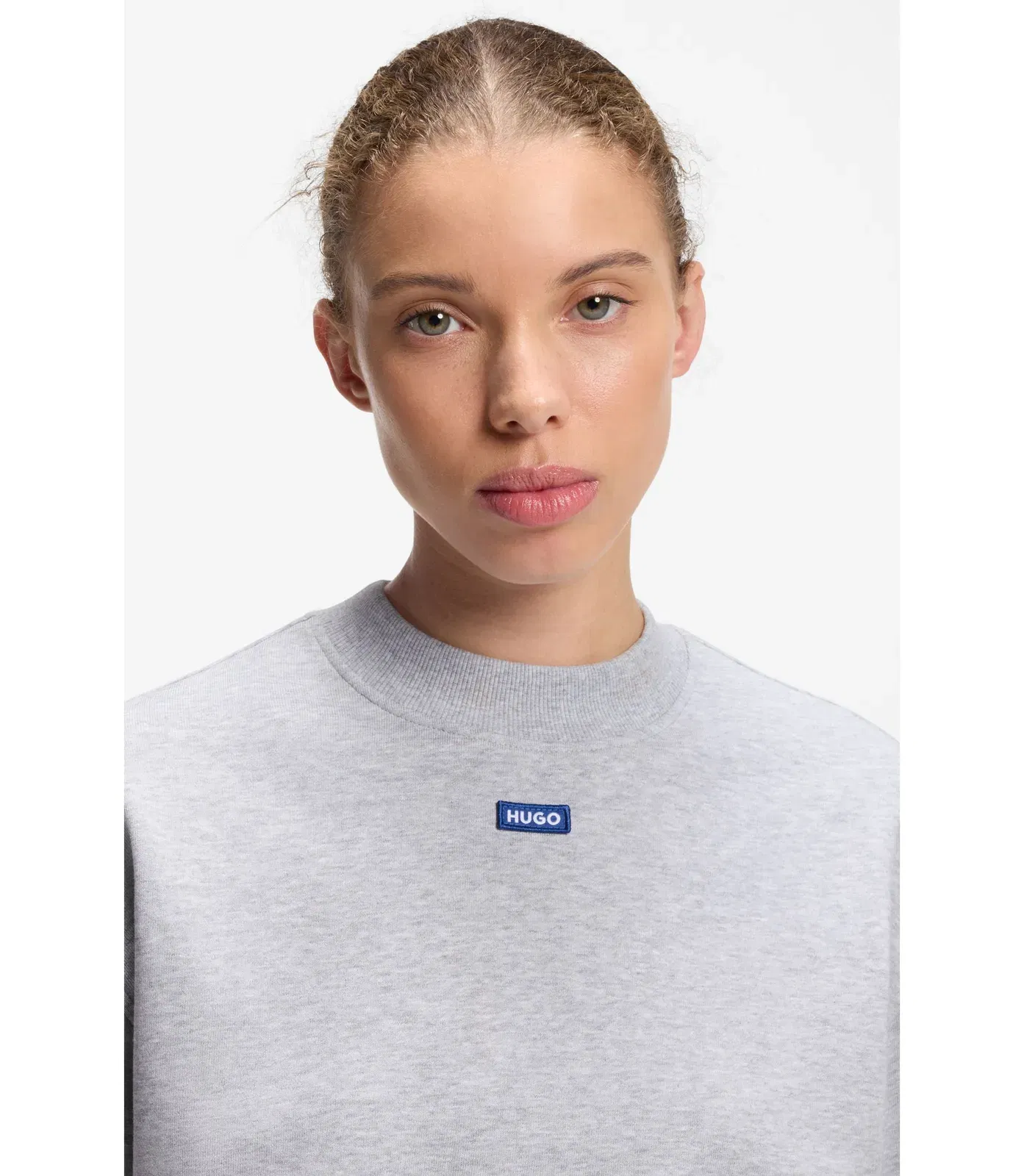 Hugo Cotton Terry Sweatshirt With Logo Badge Light Grey Women's